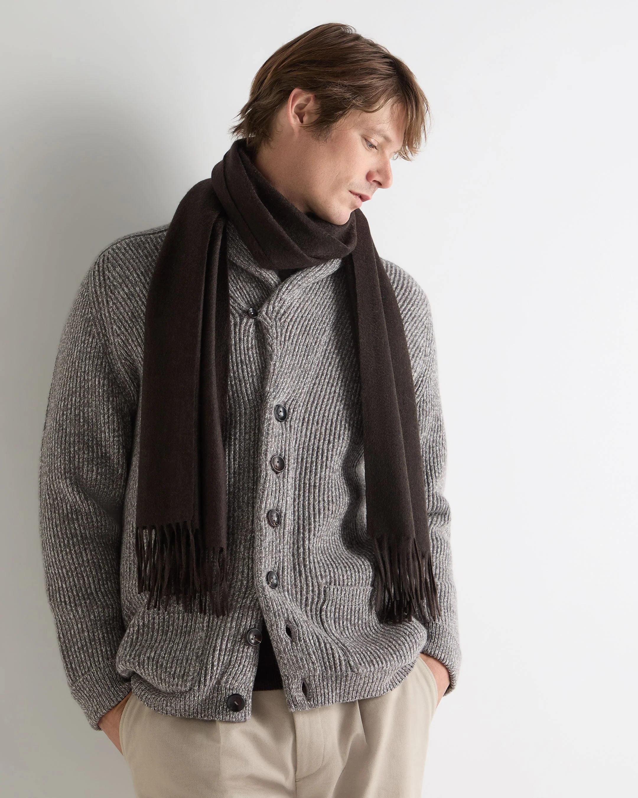 Unisex Large Woven Cashmere Scarf Chocolate Brown