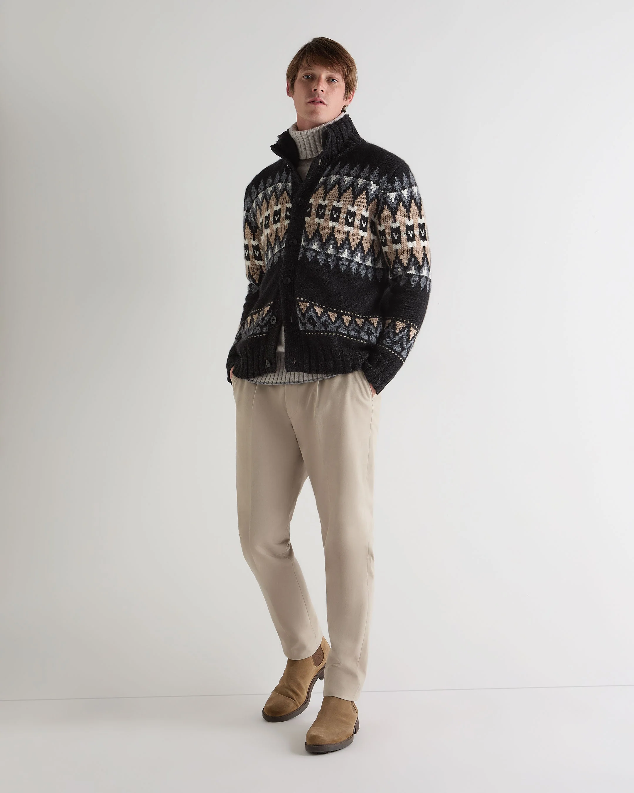 Men's Jacquard Button Through Cashmere Cardigan Charcoal Grey