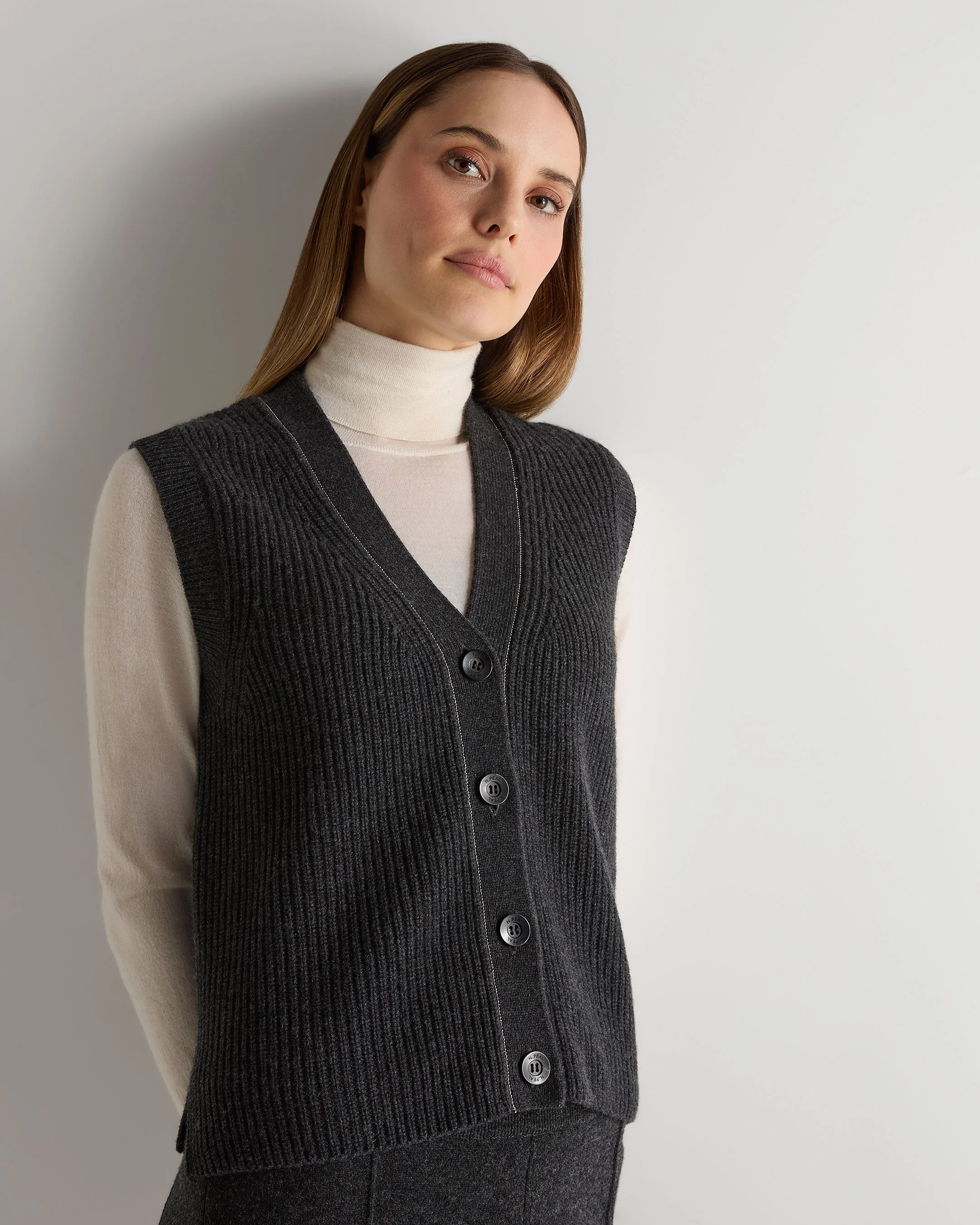 Women's V Neck Cashmere Tank Top Deep Charcoal Grey