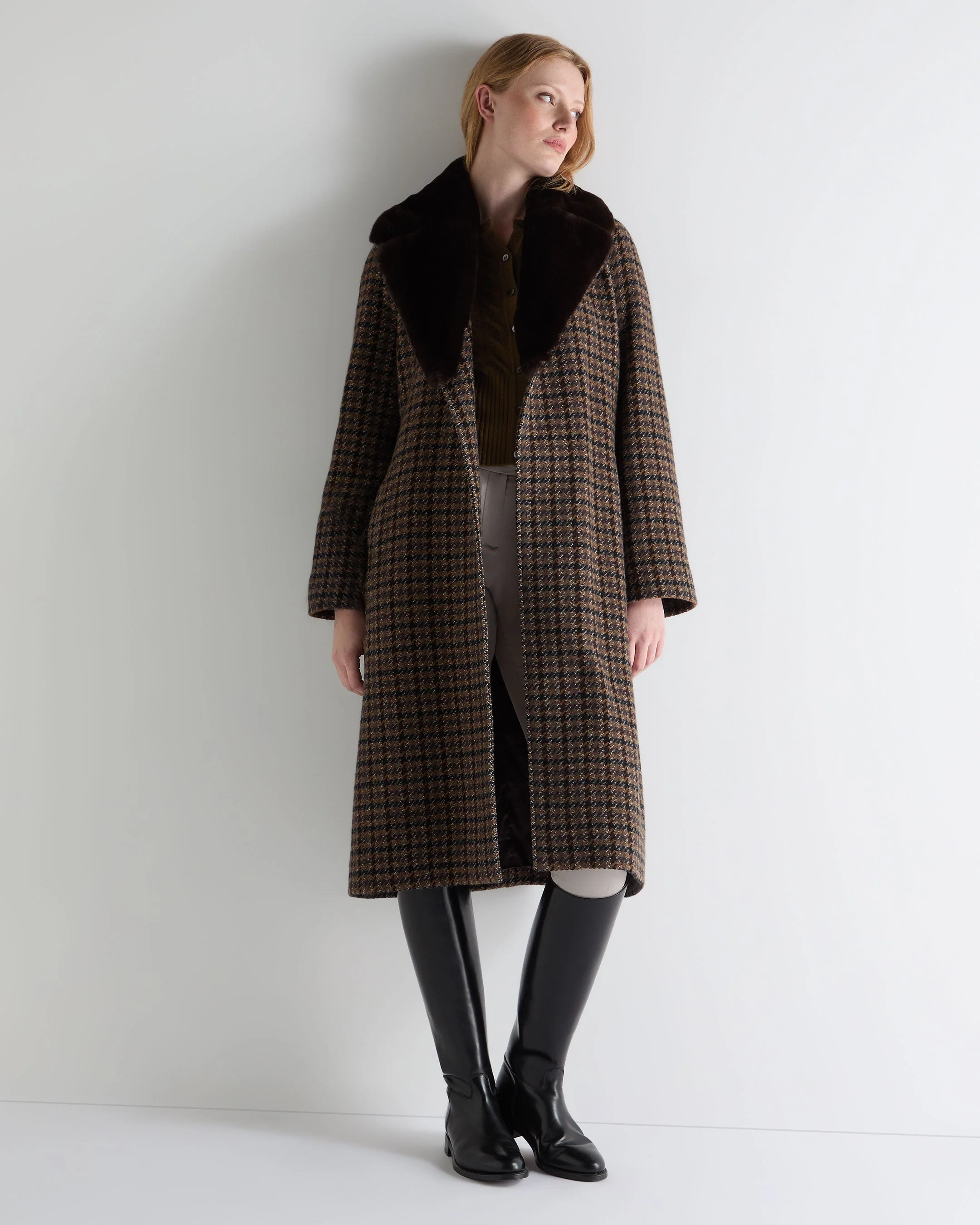 Women's Dogtooth Fur Trim Coat Brown