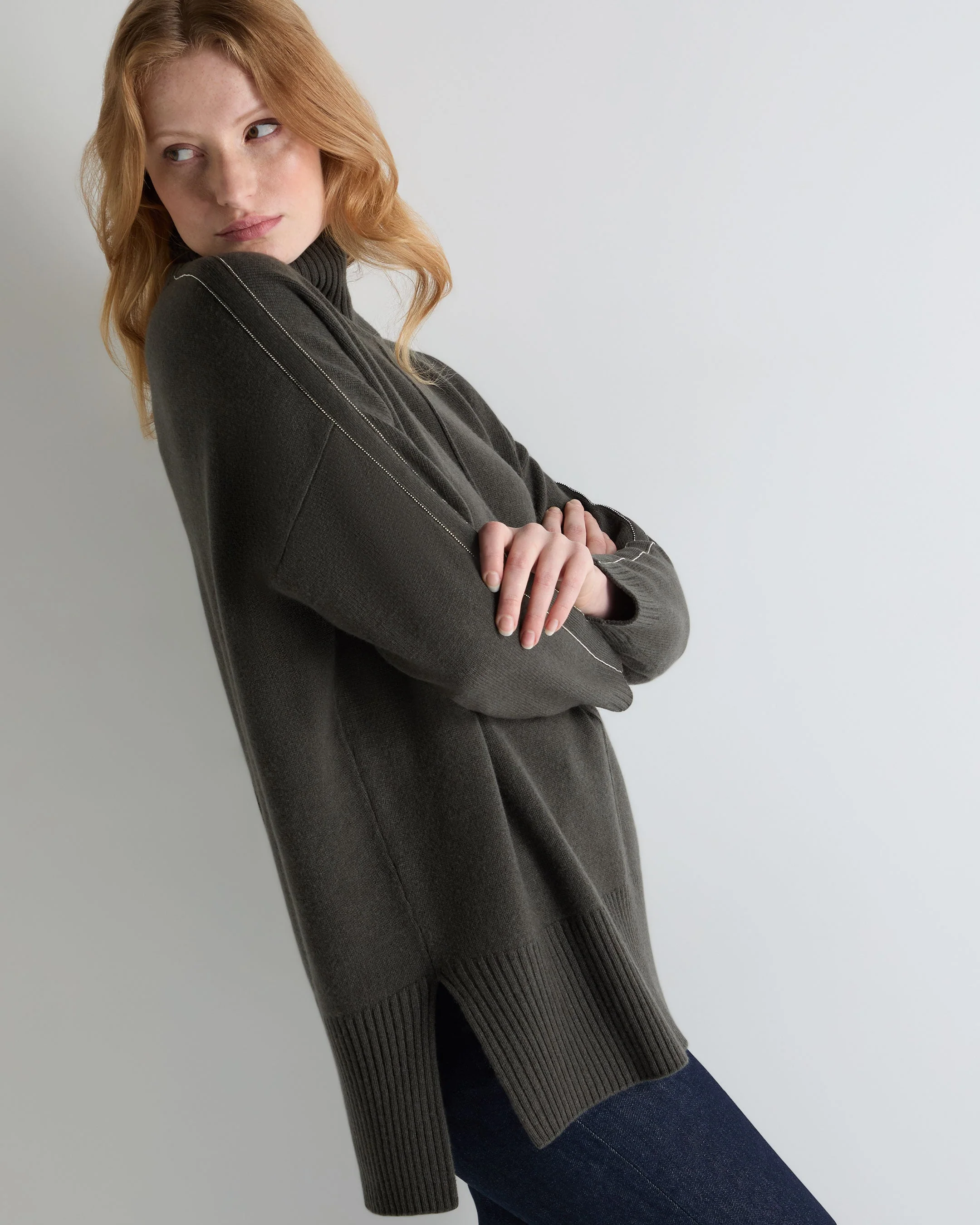 Women's Mock Neck Long Cashmere Sweater Arabica Khaki Green