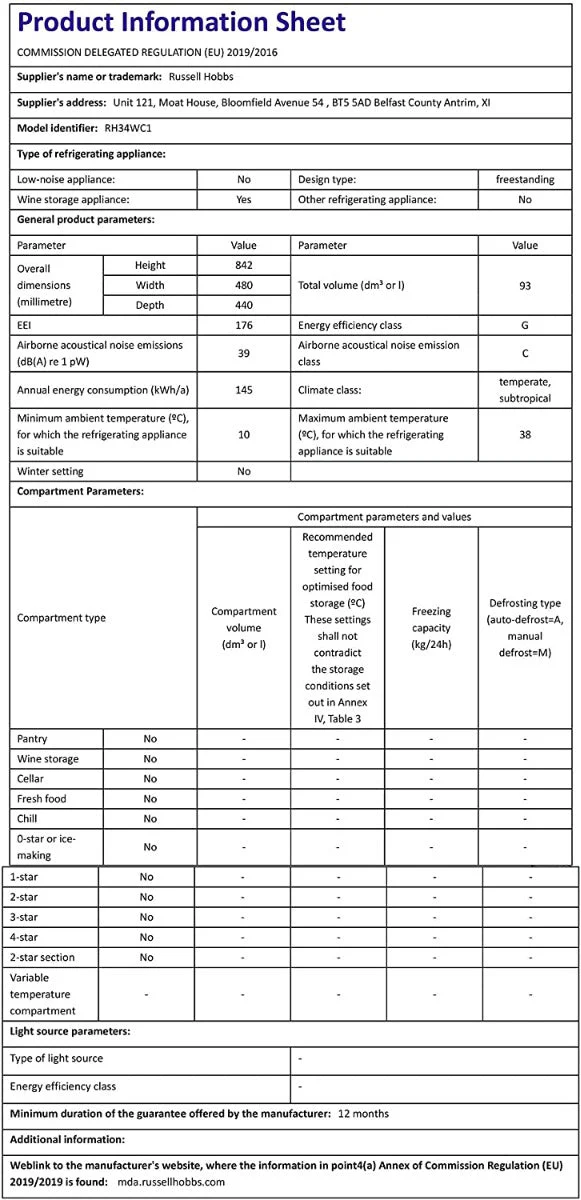 Russell Hobbs 220 volts 34 Bottle Wine Cooler RH34WC1 220v 240 volts