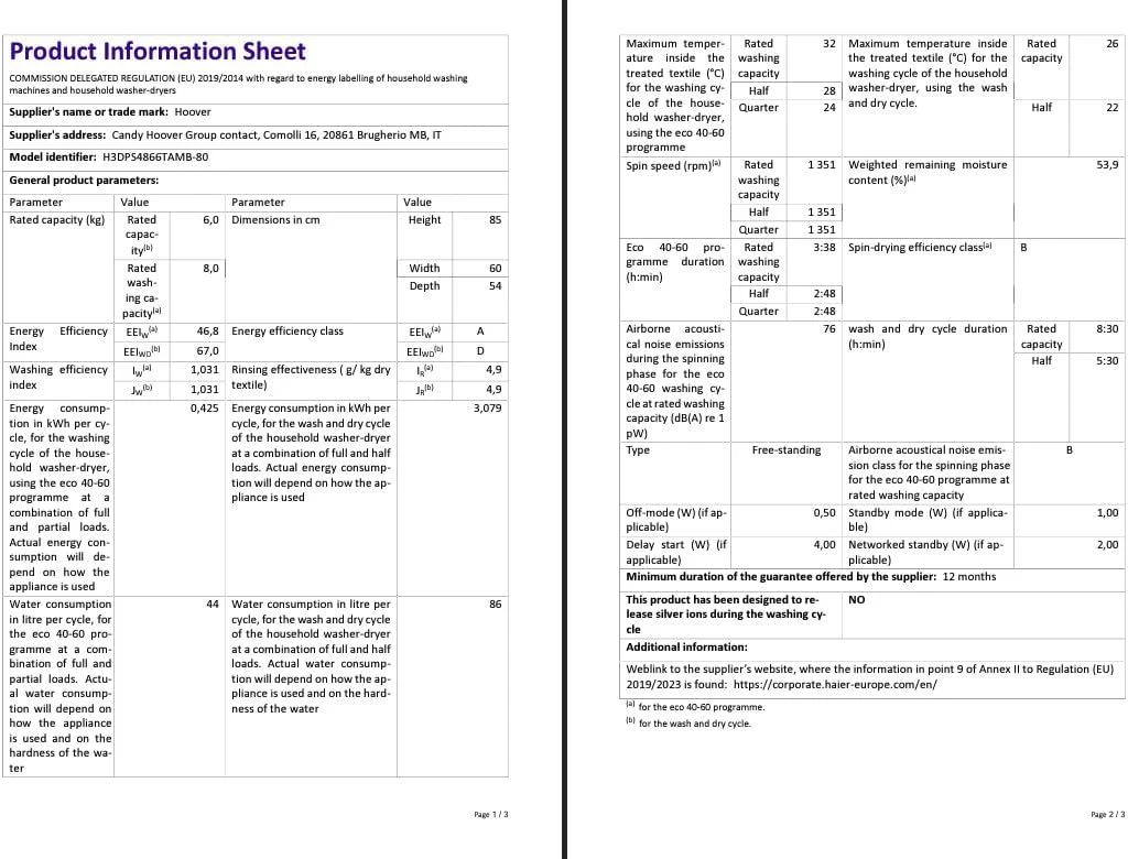 Hoover 220 volts Washer dryer combo with 8kg wash capacity 220v 50 hz 240 volts 50hz H3DPS4866220v