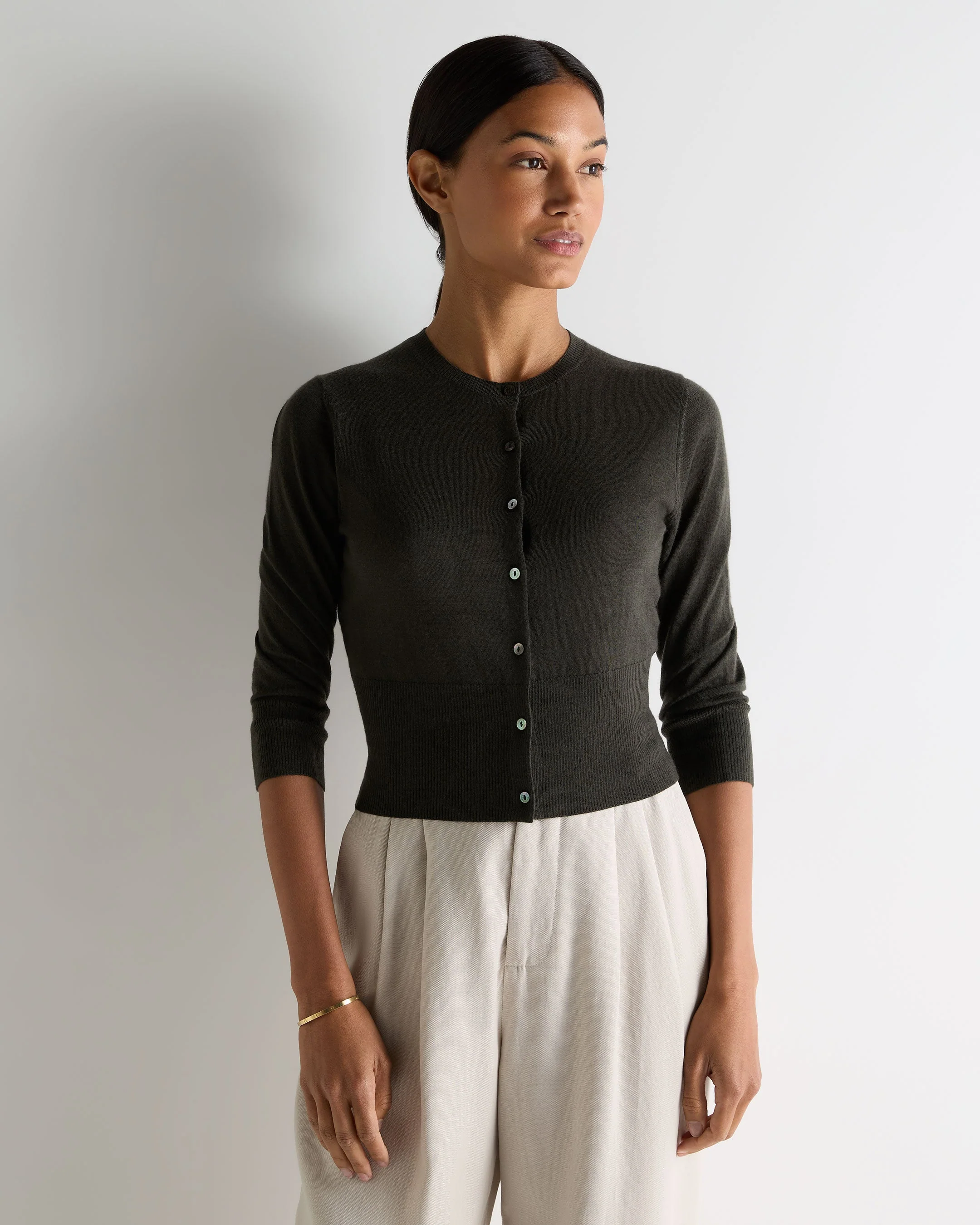 Women's Darcie Superfine Cashmere Cropped Cardigan Arabica Khaki Green