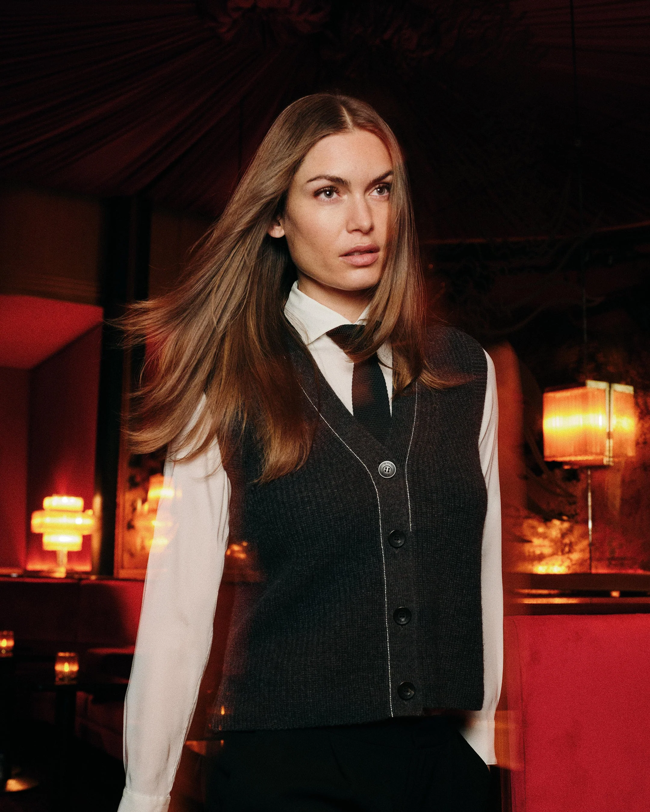 Women's V Neck Cashmere Tank Top Deep Charcoal Grey