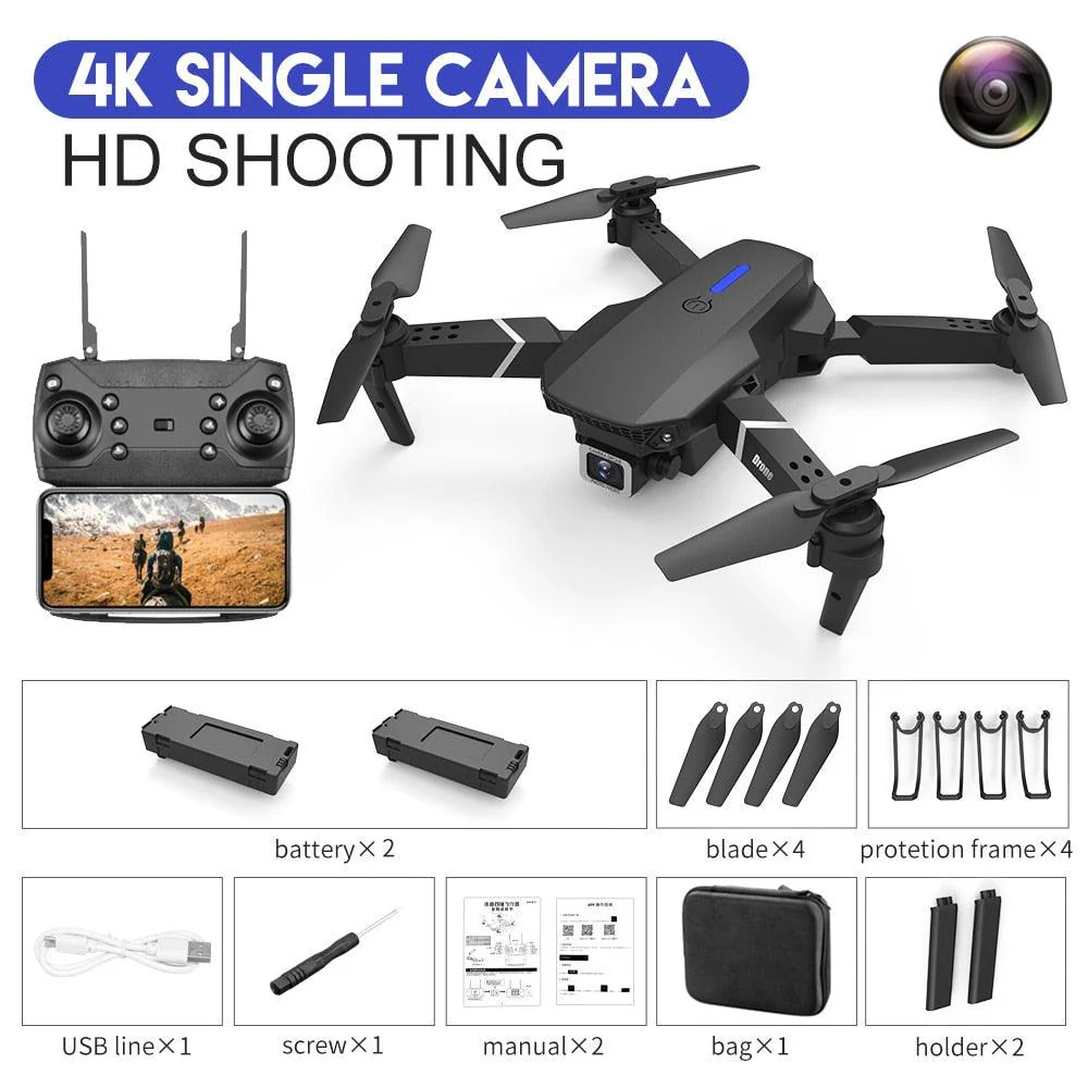E88 Pro Drone - 2023 New Drone 4K Wide Angle HD Camera Foldable RC Helicopter WIFI FPV Height Hold Gift Toy