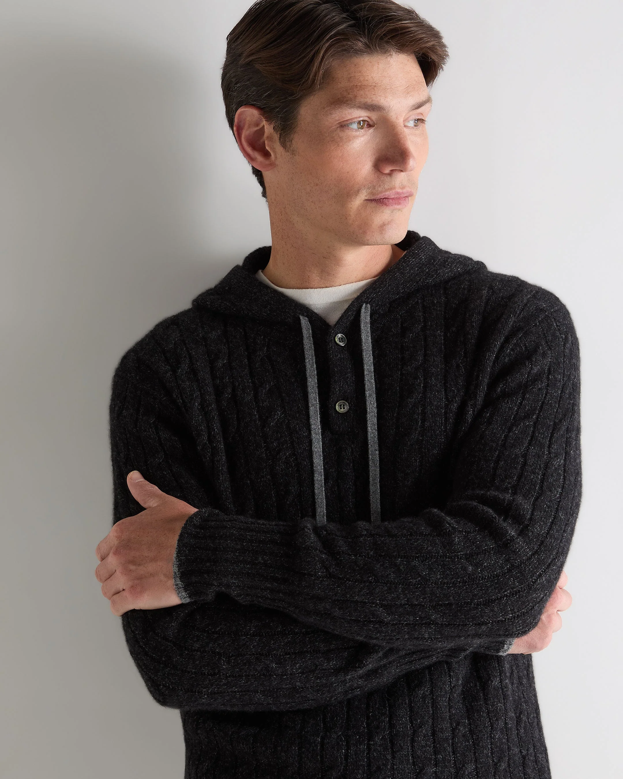 Men's Fitzrovia Cable Cashmere Hoodie Charcoal Grey Melange