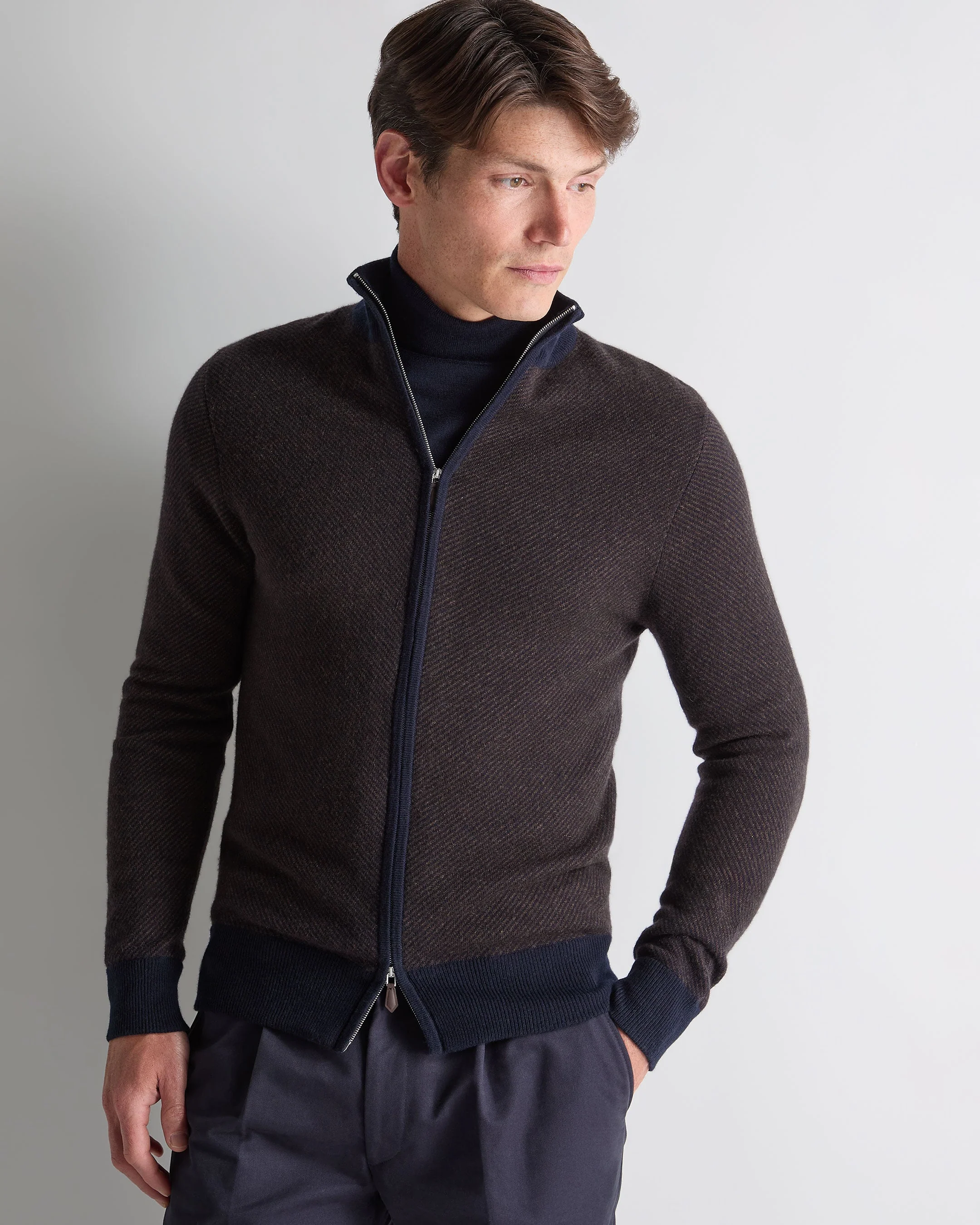 Men's Knightsbridge Full Zip Cashmere Jumper Chocolate Brown
