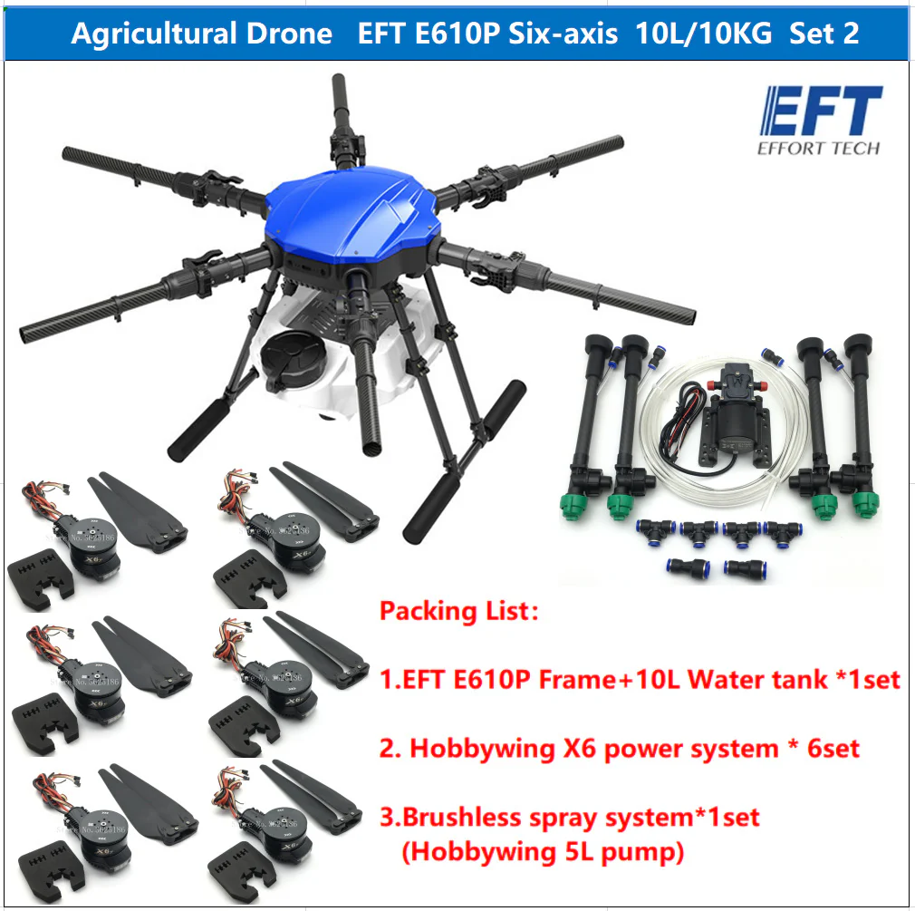 EFT E610P 10L Agriculture Drone -  6-Axis Sprayer Spreader Drone 10L Water Tank Compact With Hobbywing X6, JIYI K++ V2, Skydroid H12,TATTU 12S Battery