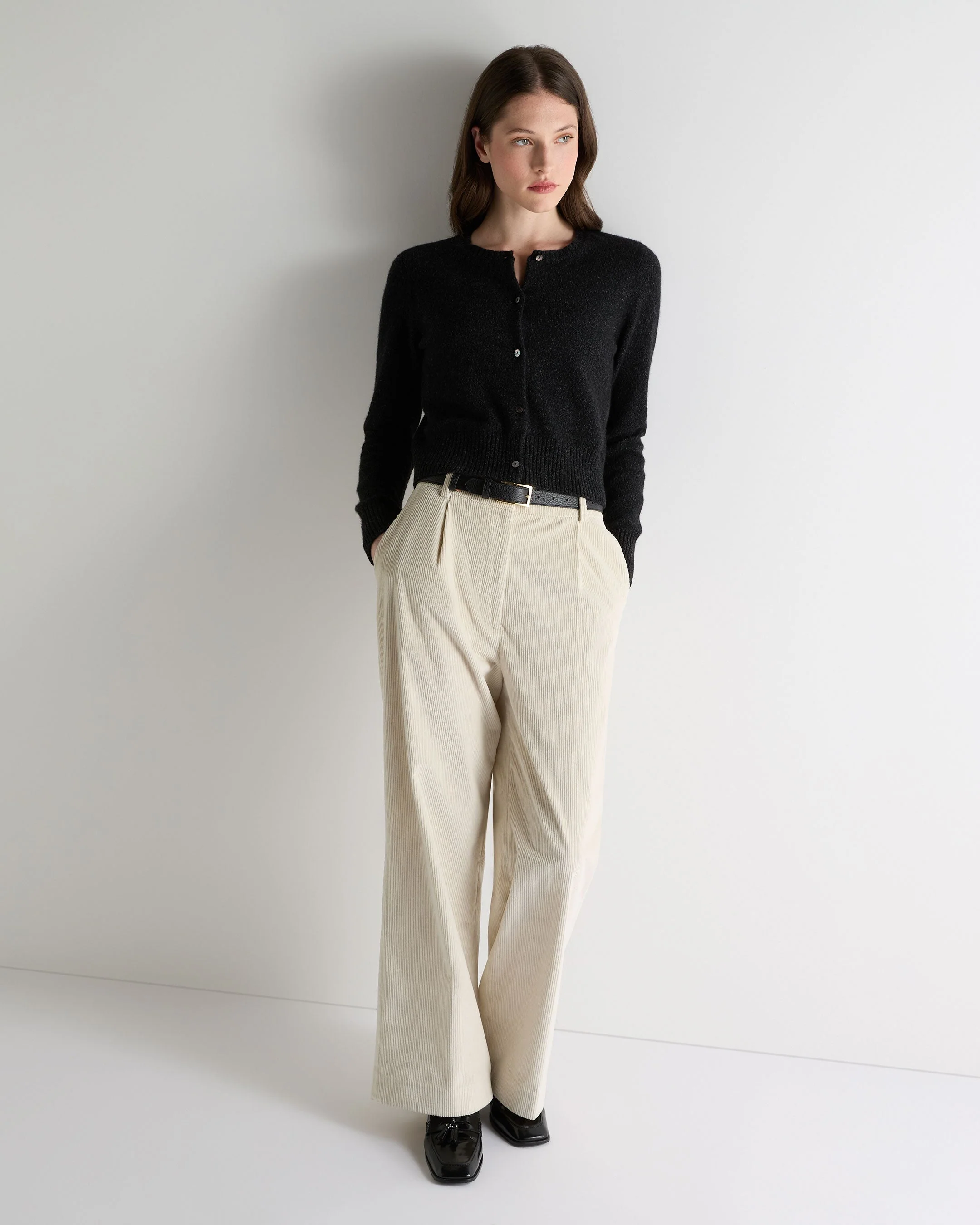 Women's Chunky Crop Cashmere Cardigan Charcoal Grey Melange