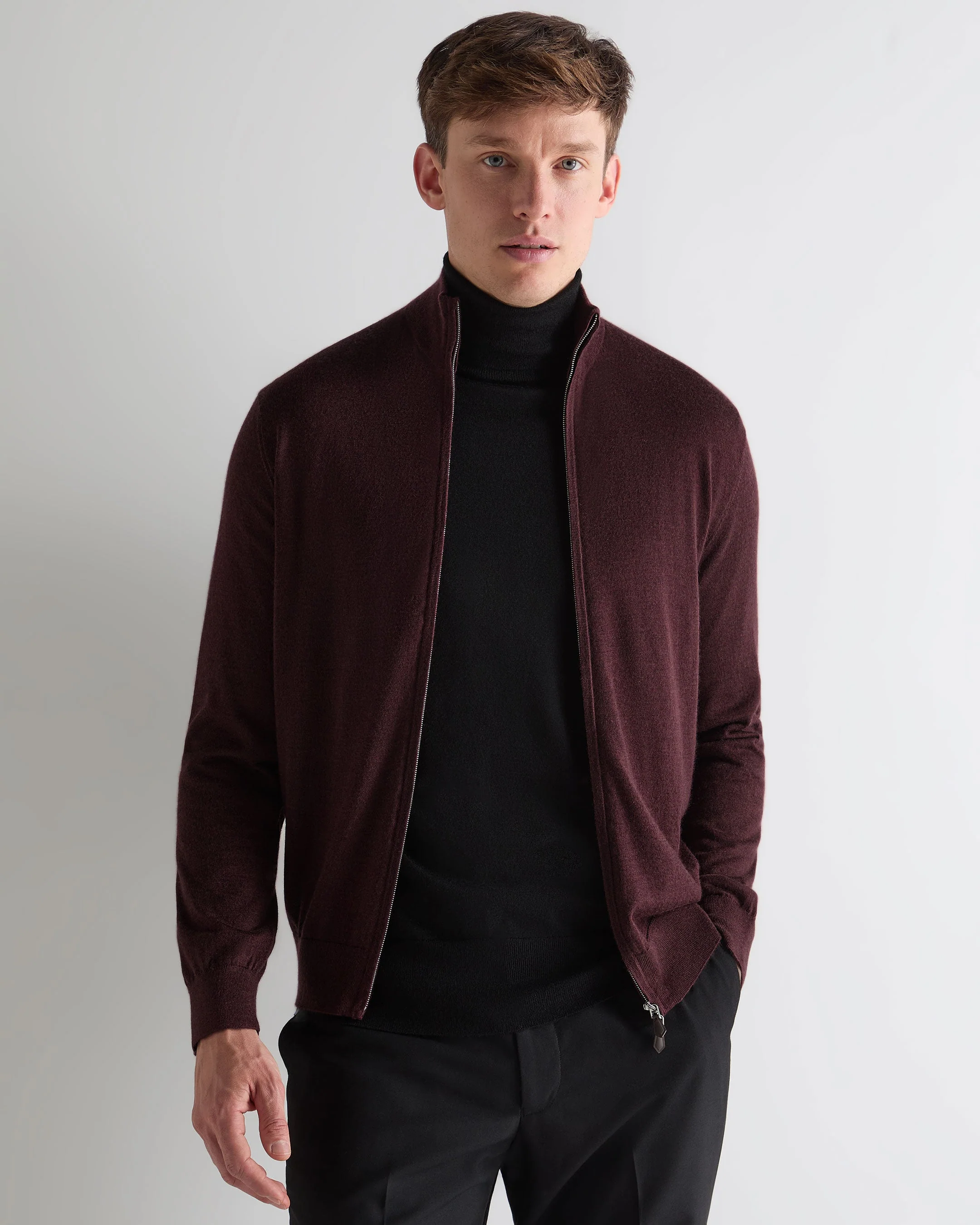 Men's Hyde Fine Gauge Cashmere Full Zip Jumper Claret Red