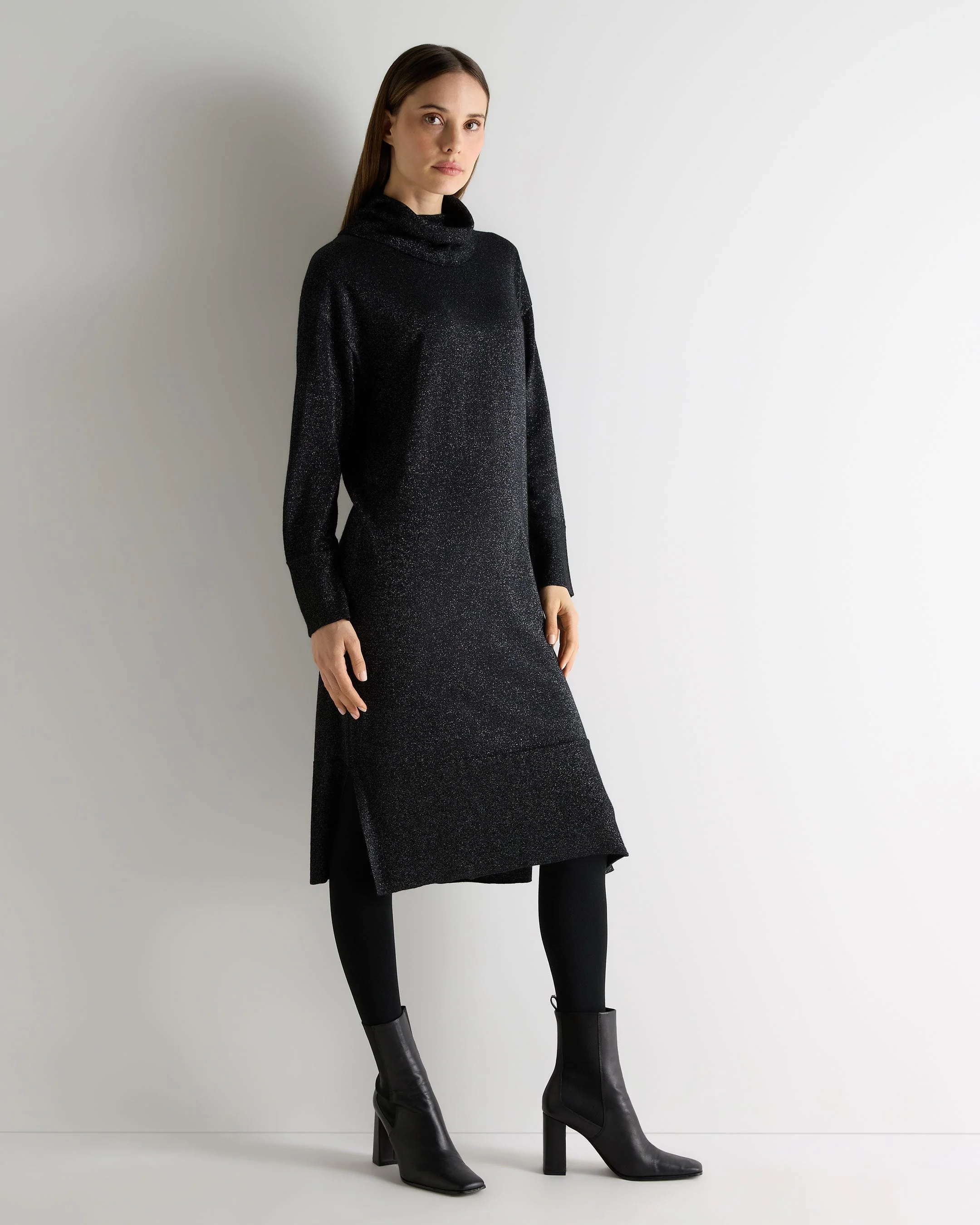 Women's Turtle Neck Cashmere Dress Black Sparkle