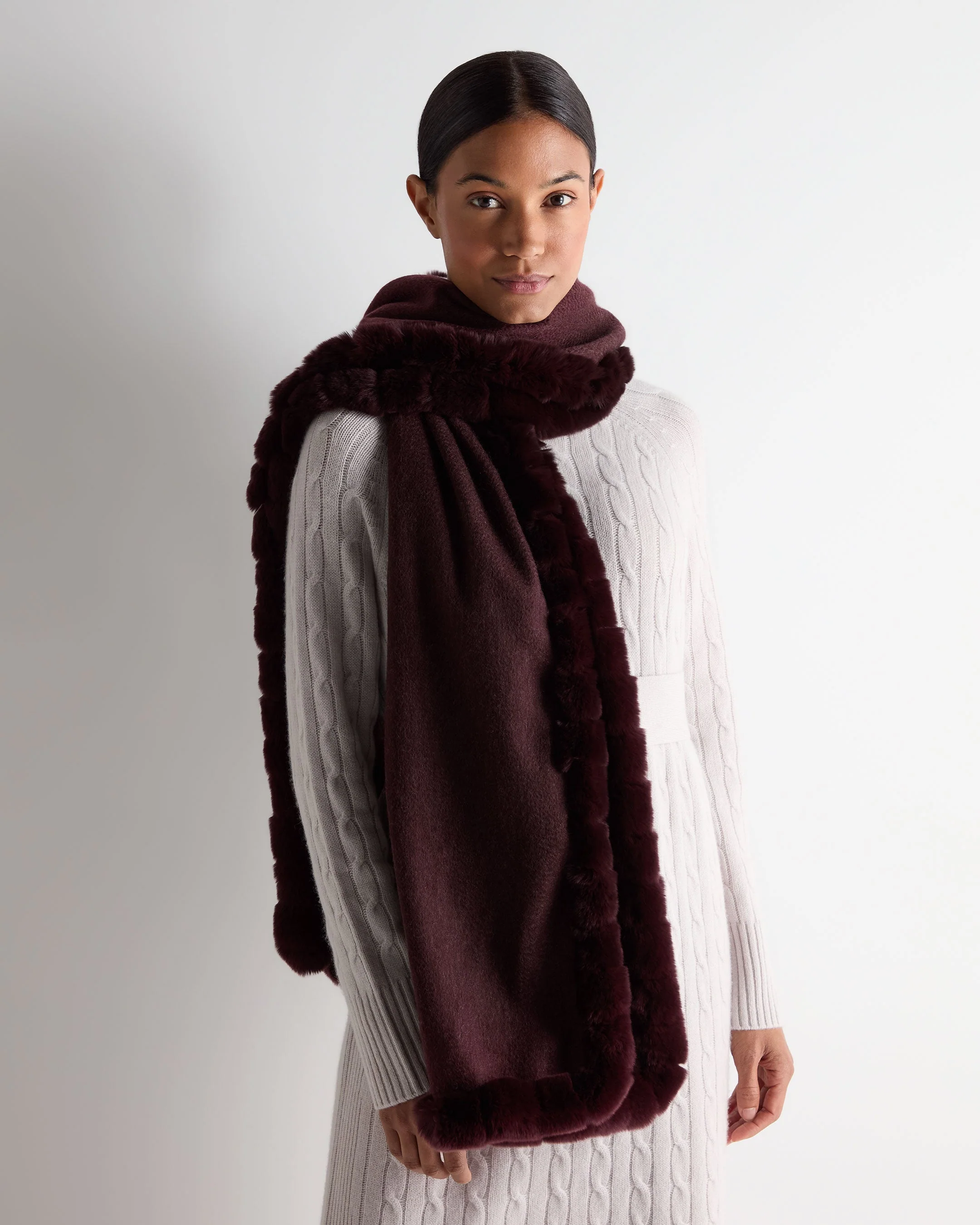 Women's Meribel Woven Fur Trim Cashmere Shawl Claret Red