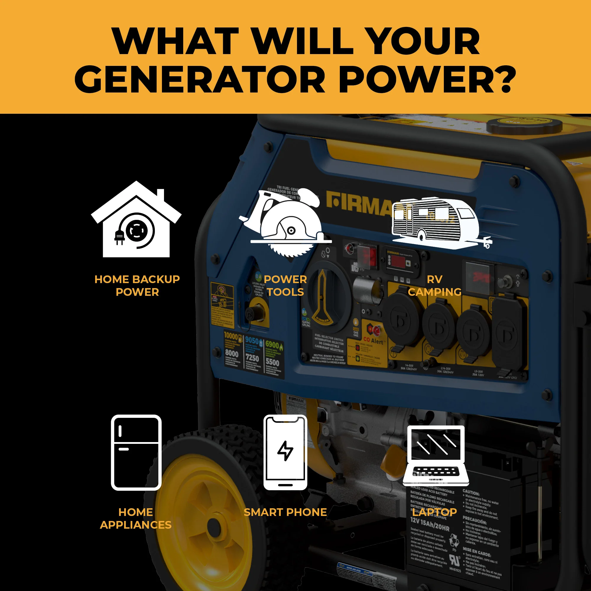 Tri Fuel 8000W Portable Generator Electric Start 120/240V with CO ALERT