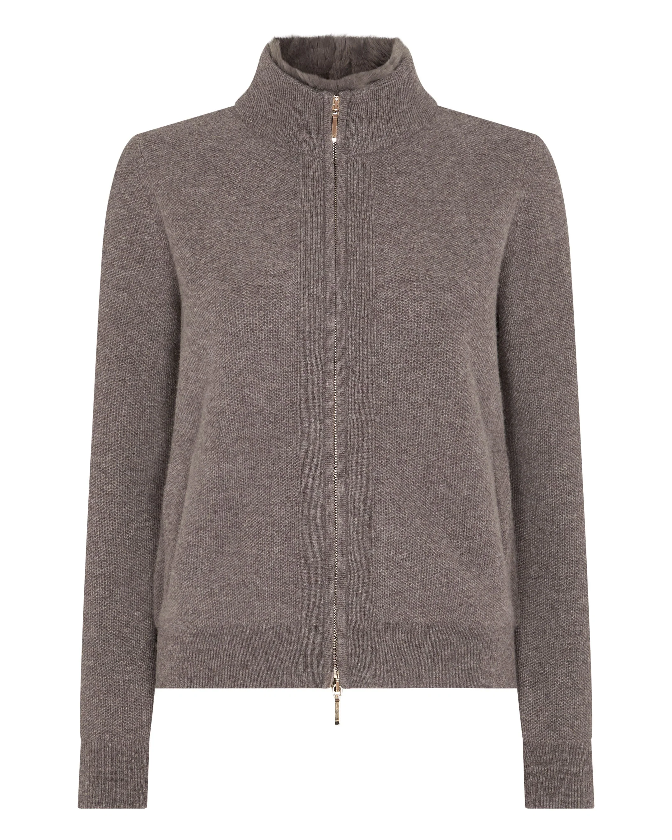 Women's Honeycomb Full Zip Cashmere Jumper With Fur Trim Otter Brown