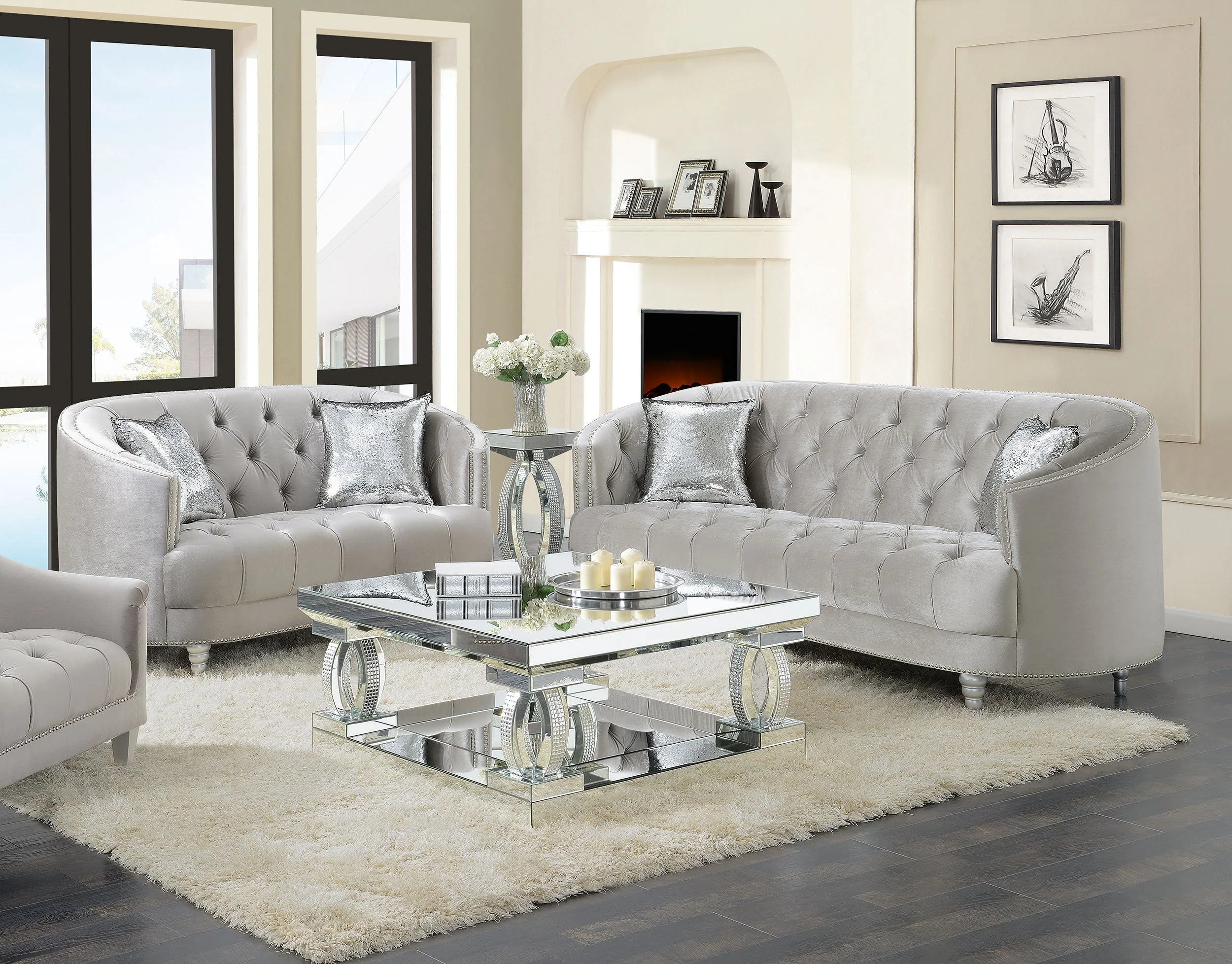 Avonlea  Upholstered Sloped Arm Sofa Set Grey Fabric