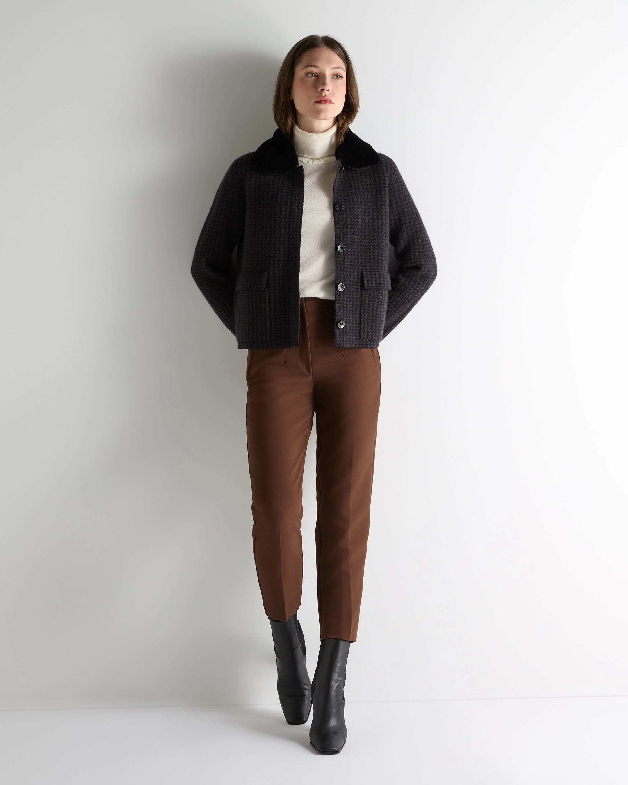 Women's Dogtooth Fur Trim Cashmere Jacket Navy Blue