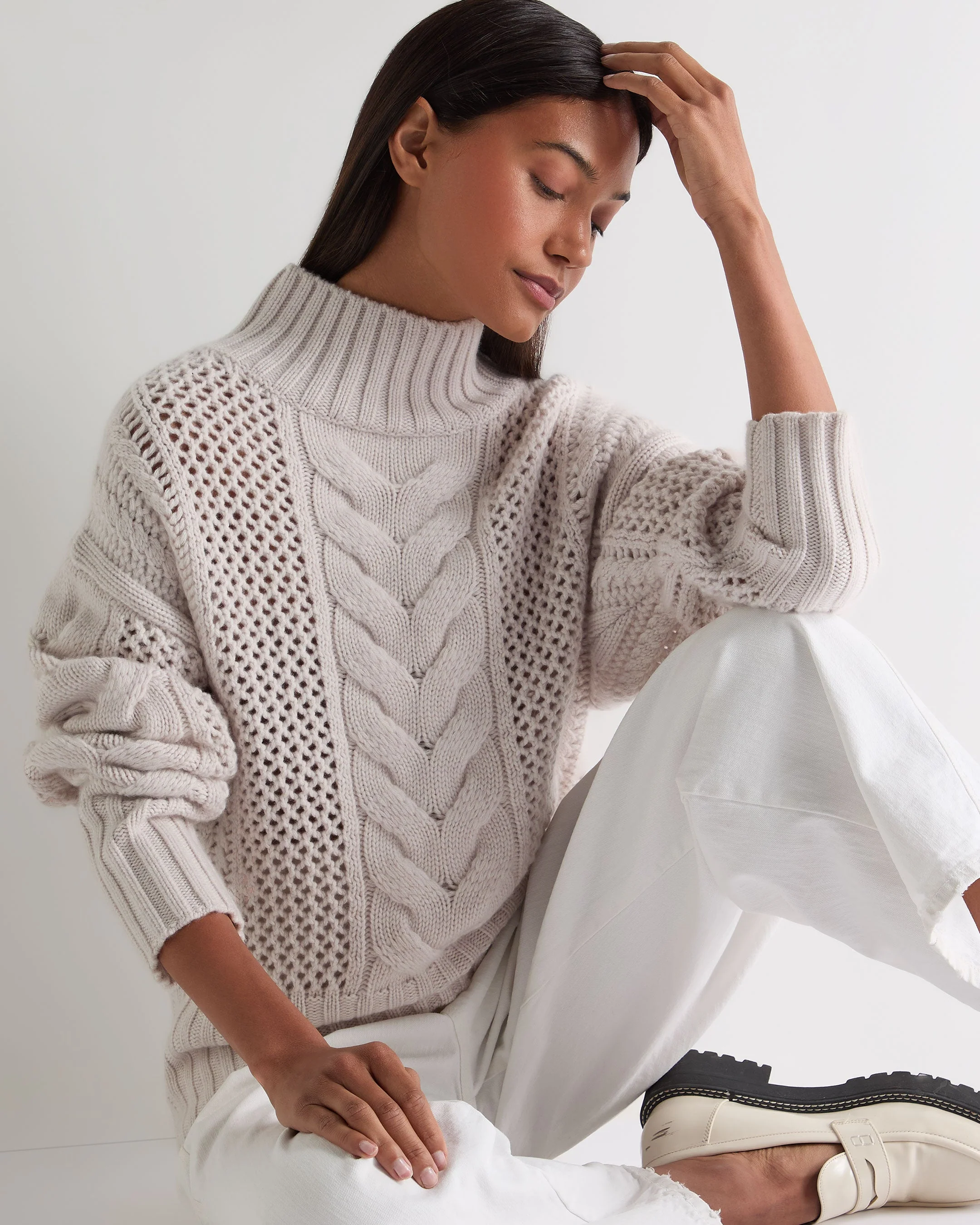 Women's Mock Neck Cable Cashmere Sweater Frost White