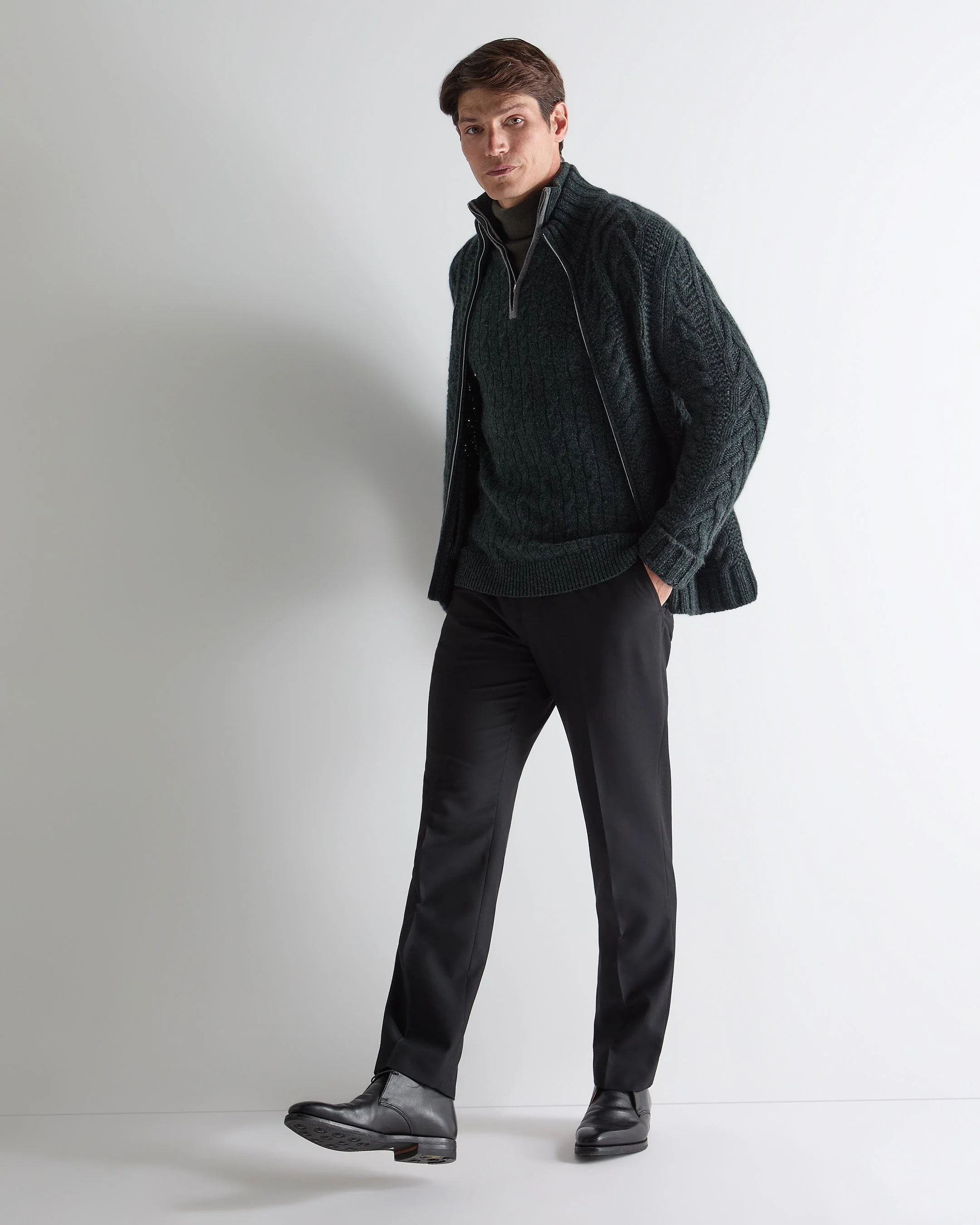 Men's Albemarle Cable Half Zip Cashmere Jumper Green Melange