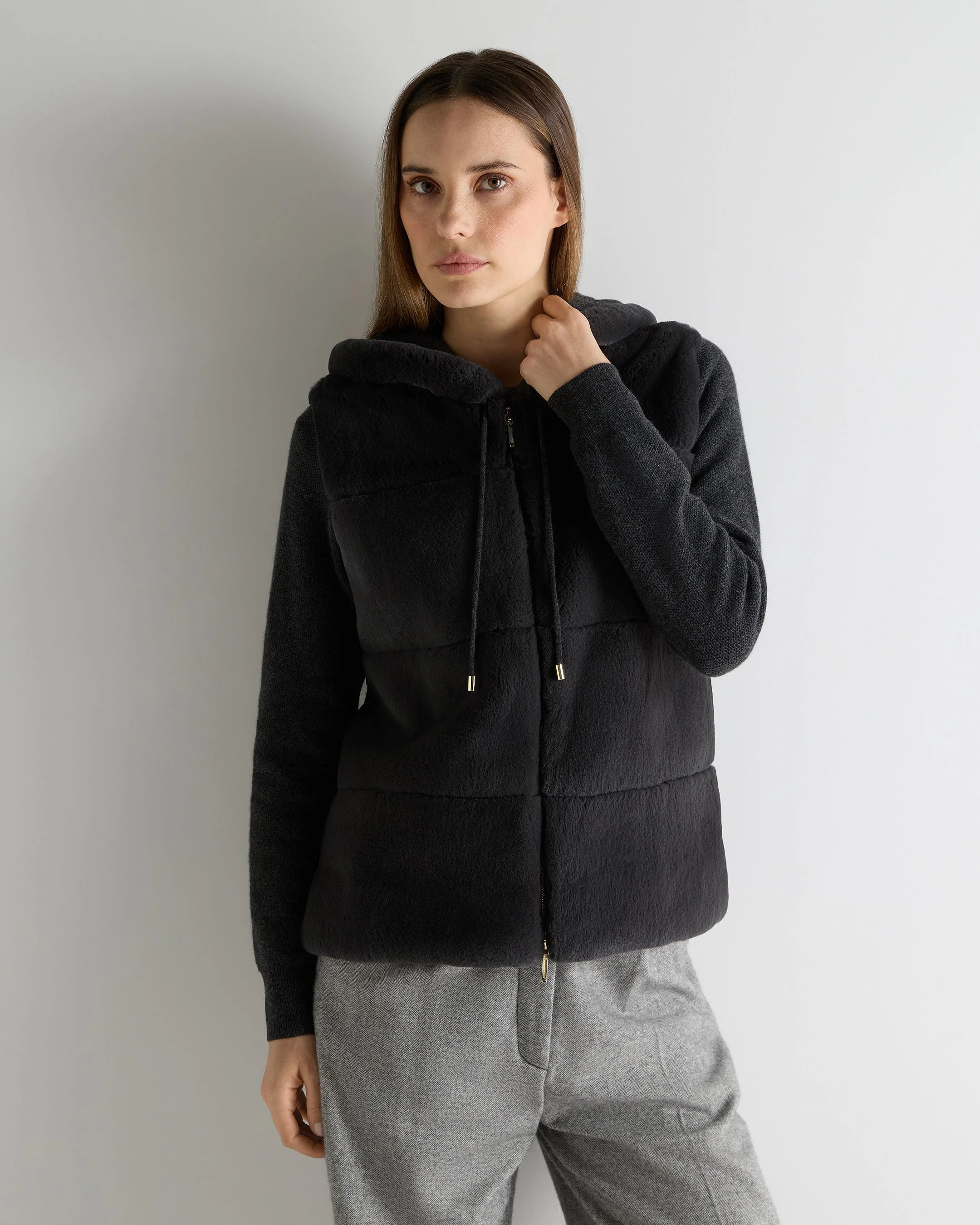 Women's Honeycomb Fur Trim Cashmere Hoodie Deep Charcoal Grey