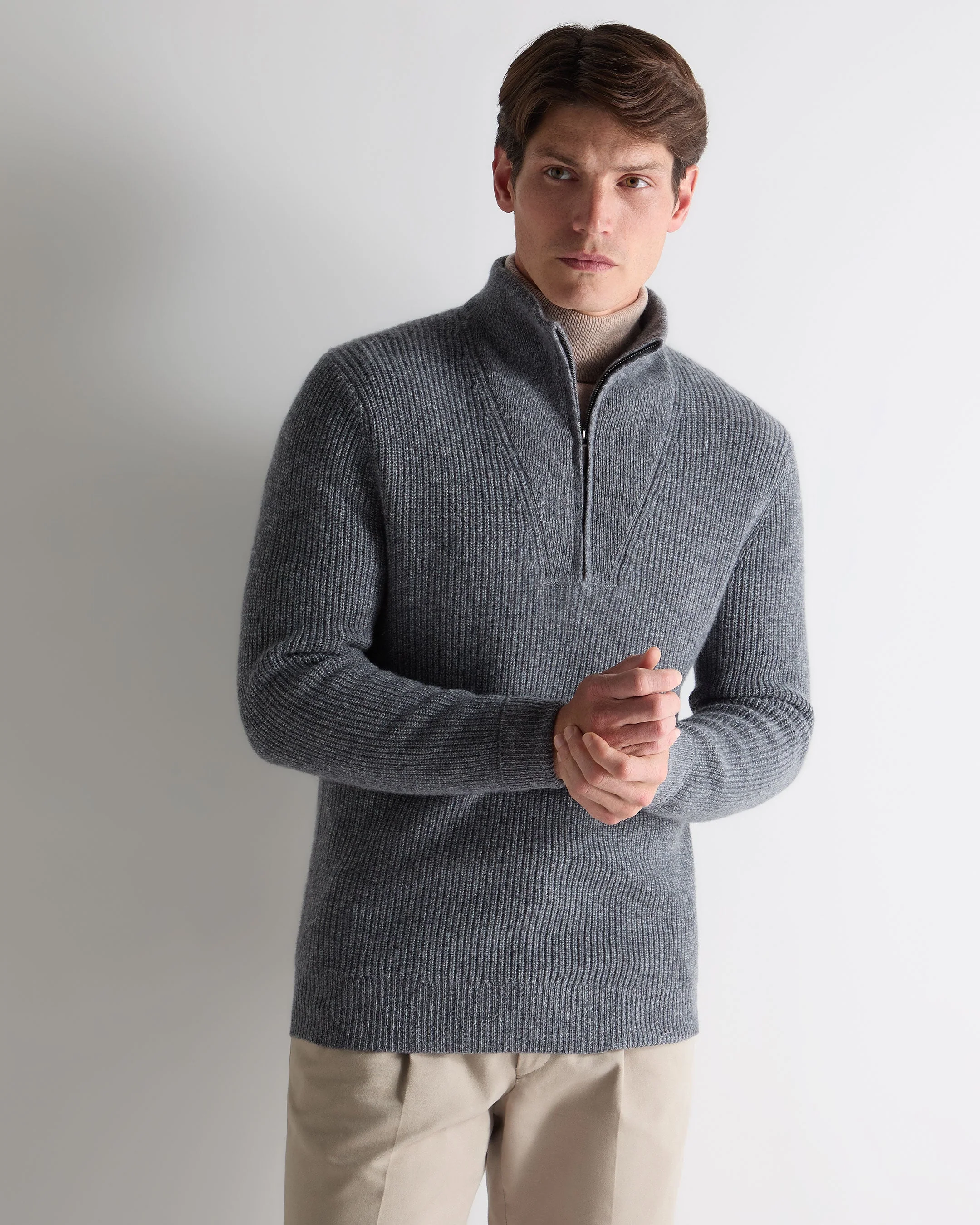 Men's Half Zip Rib Cashmere Jumper Grey Melange