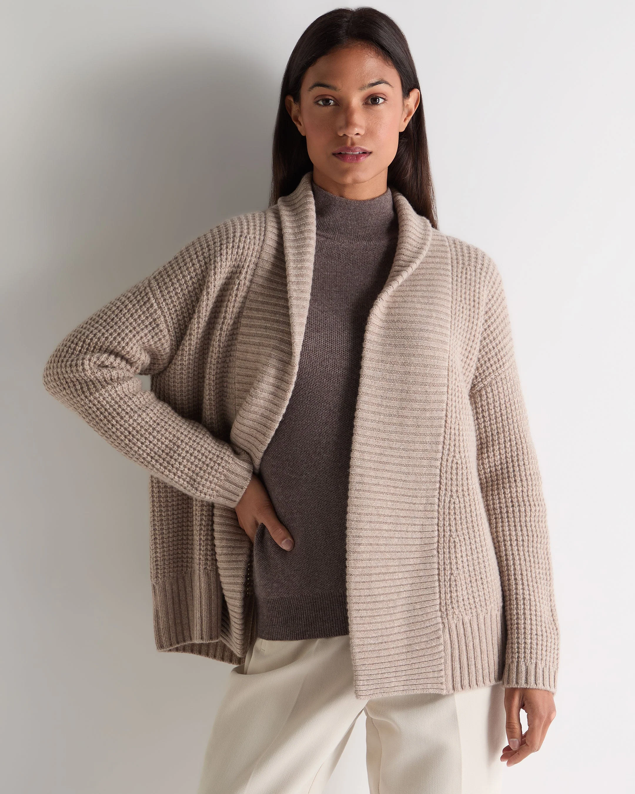 Women's Chunky Moss Stitch Cashmere Cardigan Oatmeal Brown