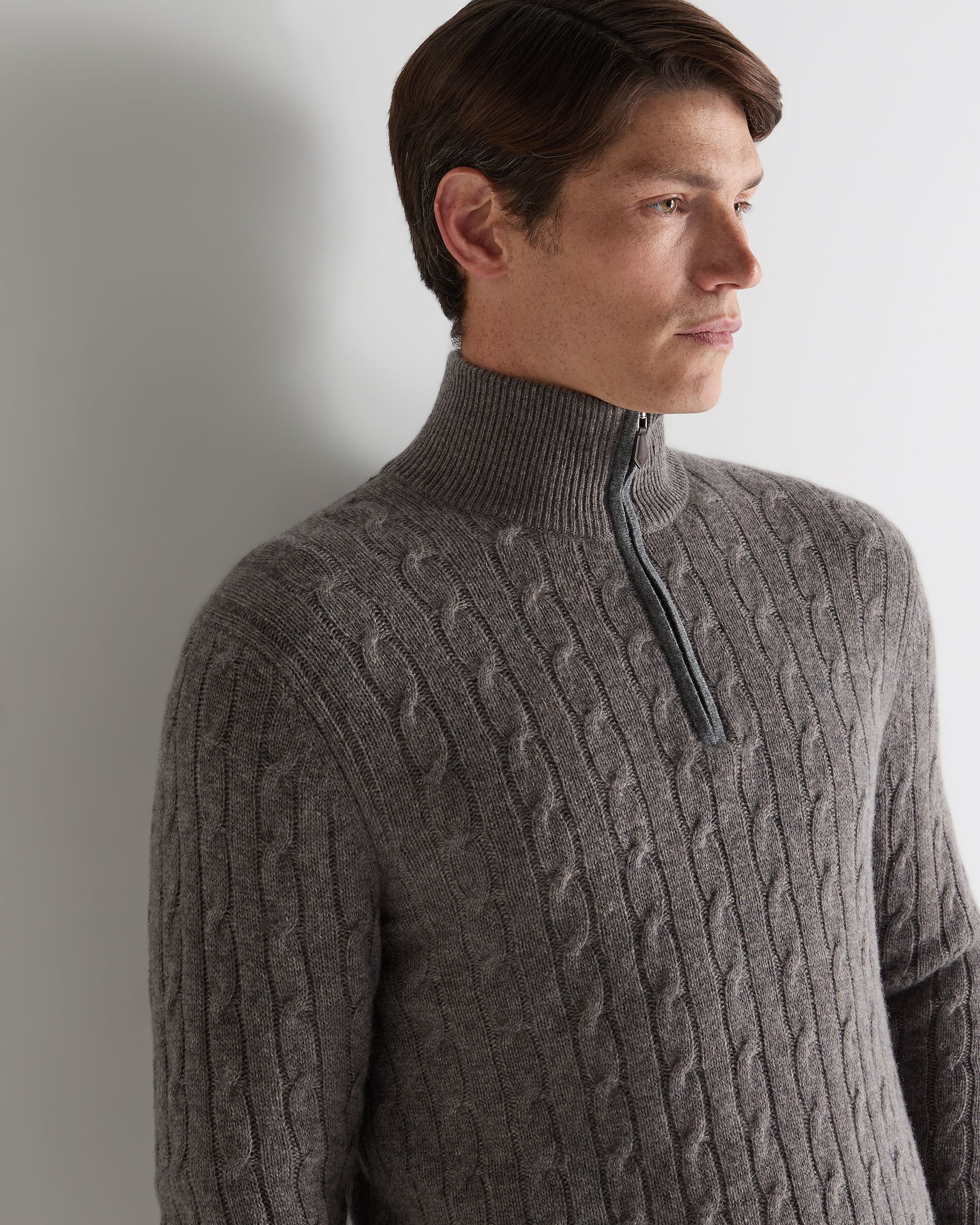 Men's Albemarle Cable Half Zip Cashmere Jumper Wood Smoke Brown