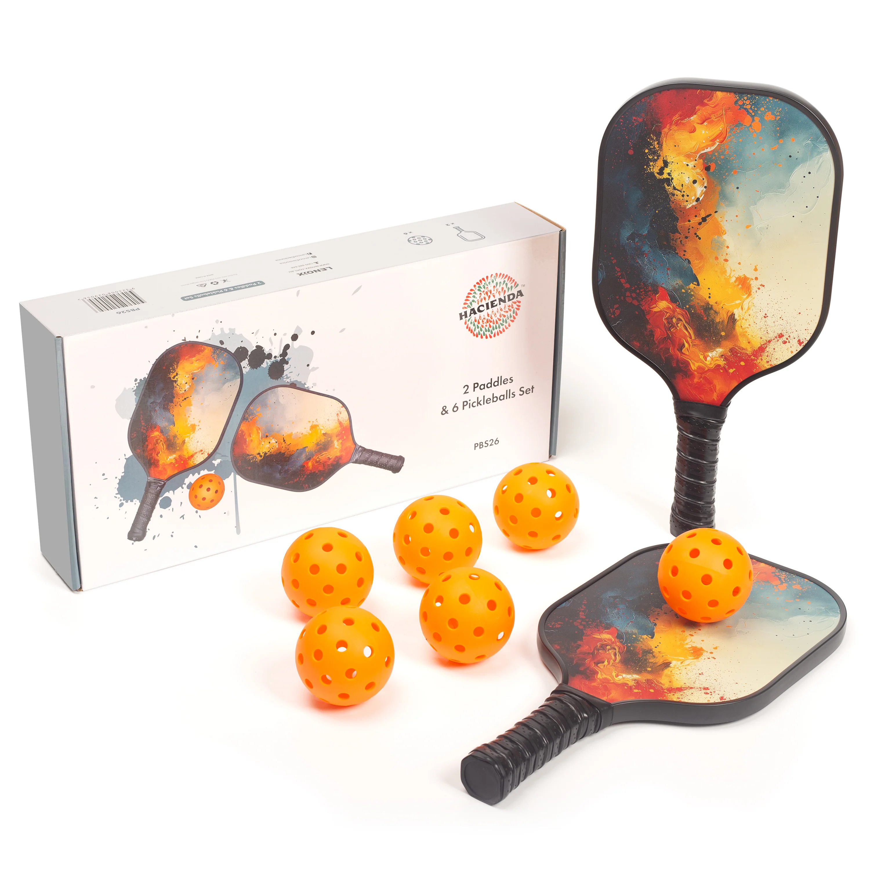 Pickleball Set with 6 Aerodynamic Balls and 2 Durable Fiberglass Paddles