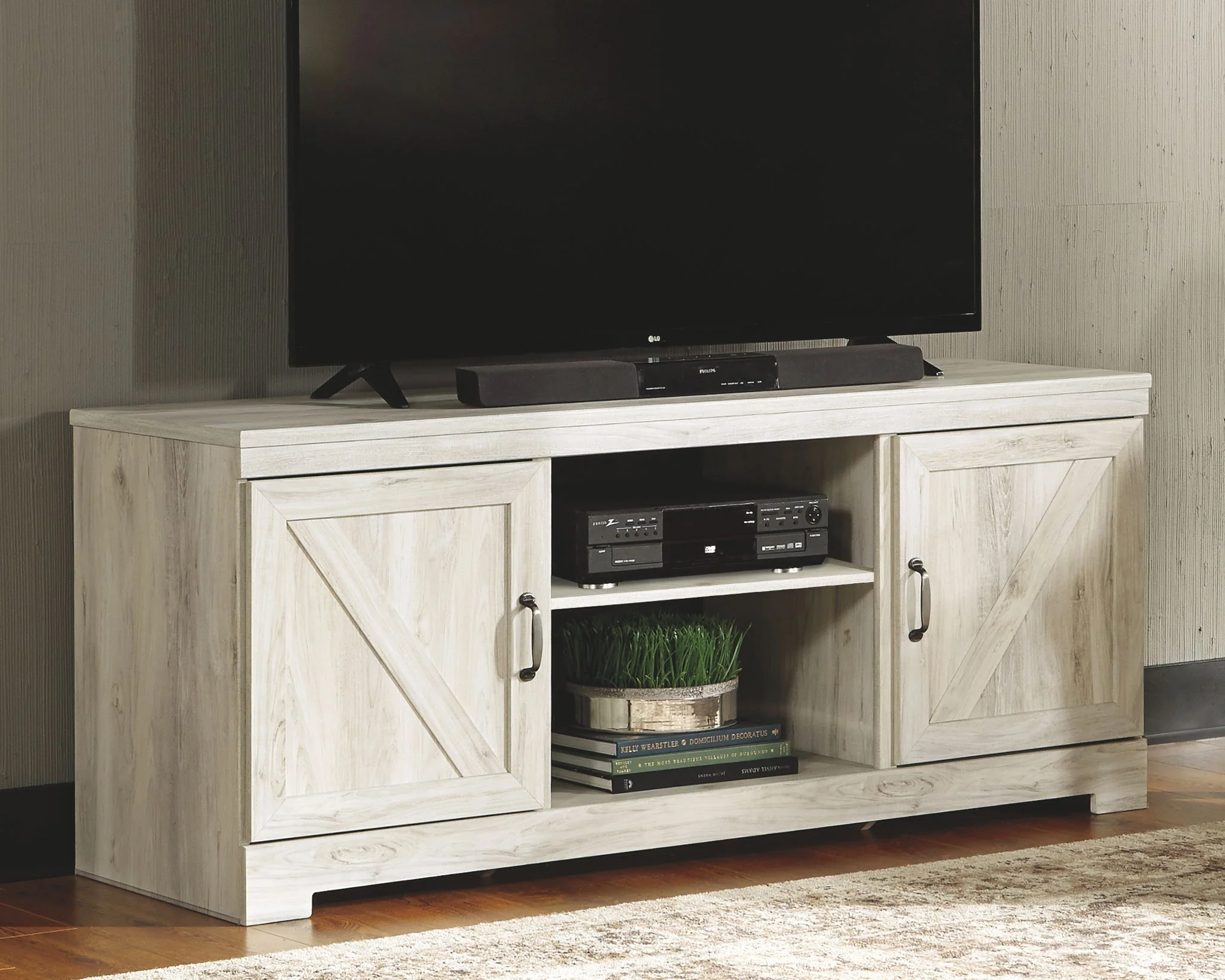 Bellaby - Entertainment Center - TV Stand With Faux Firebrick Fireplace Insert - Whitewash