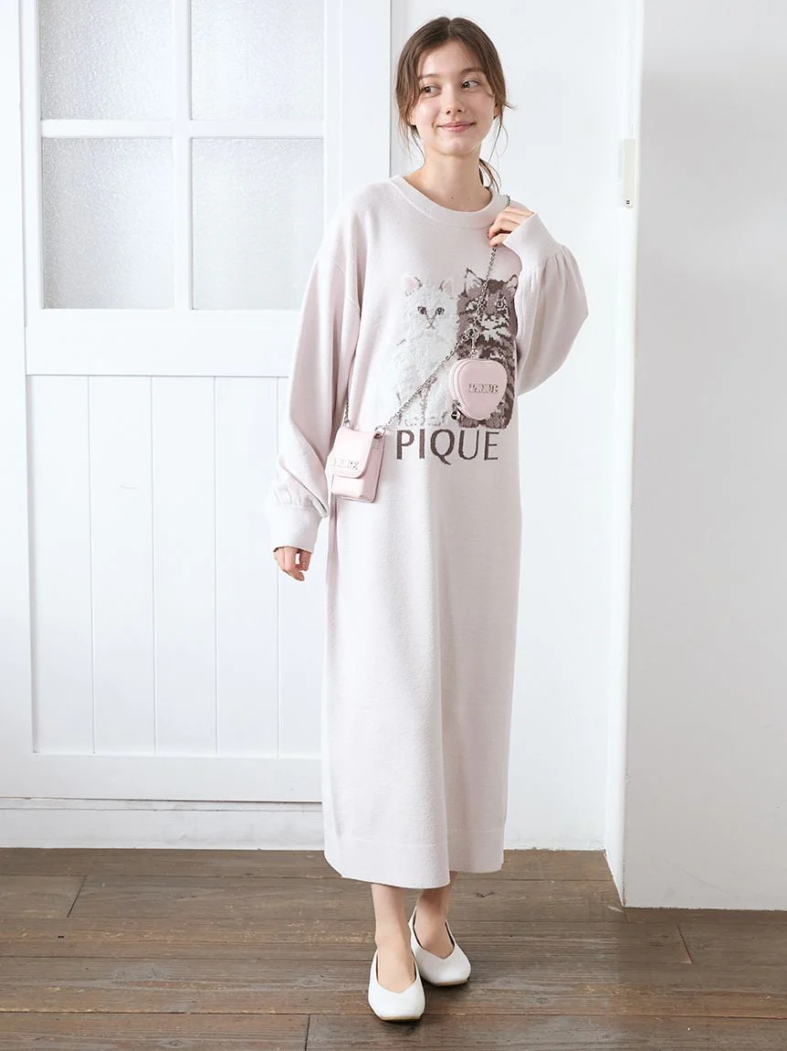 Airy Moco Twin Cats Jacquard Dress