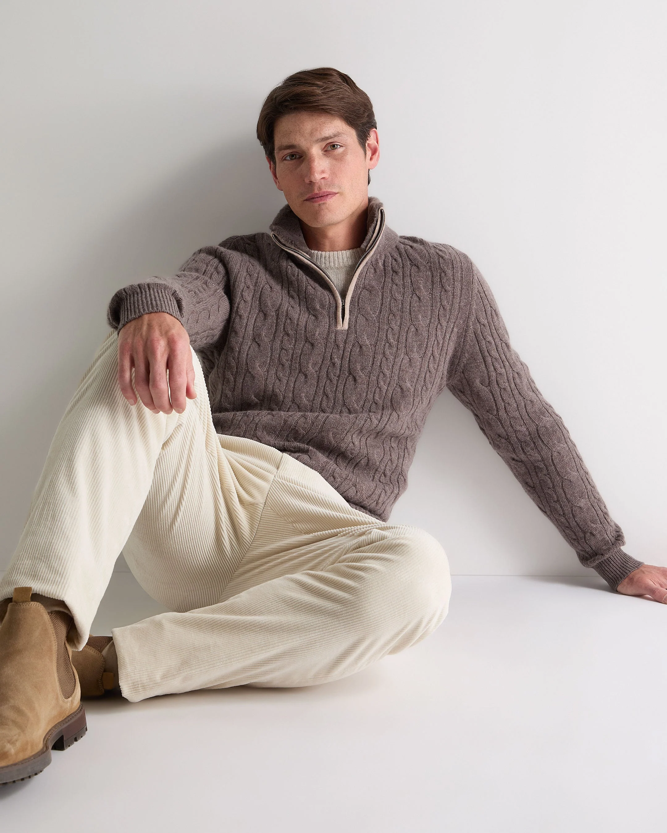 Men's Fur Trim Half Zip Cashmere Jumper Otter Brown