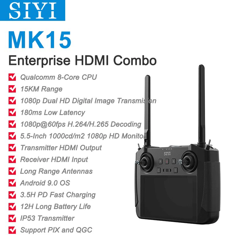 CUAV SIYI MK15 Mini HD Handheld Radio System Transmitter - Remote Control 5.5-Inch Monitor 1080p 60fps 180ms FPV 15KM FCC CE