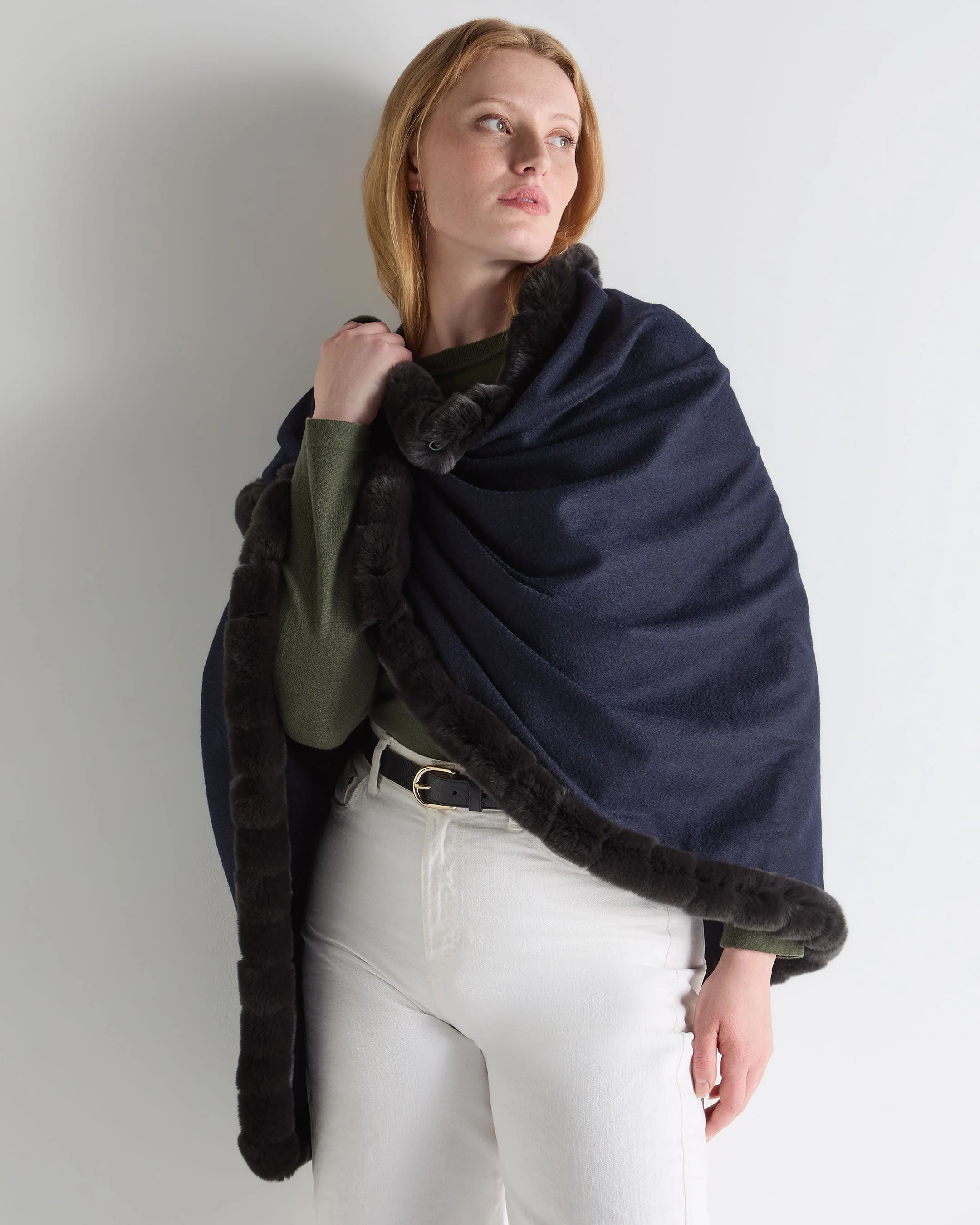 Women's Meribel Woven Fur Trim Cashmere Shawl Navy Blue