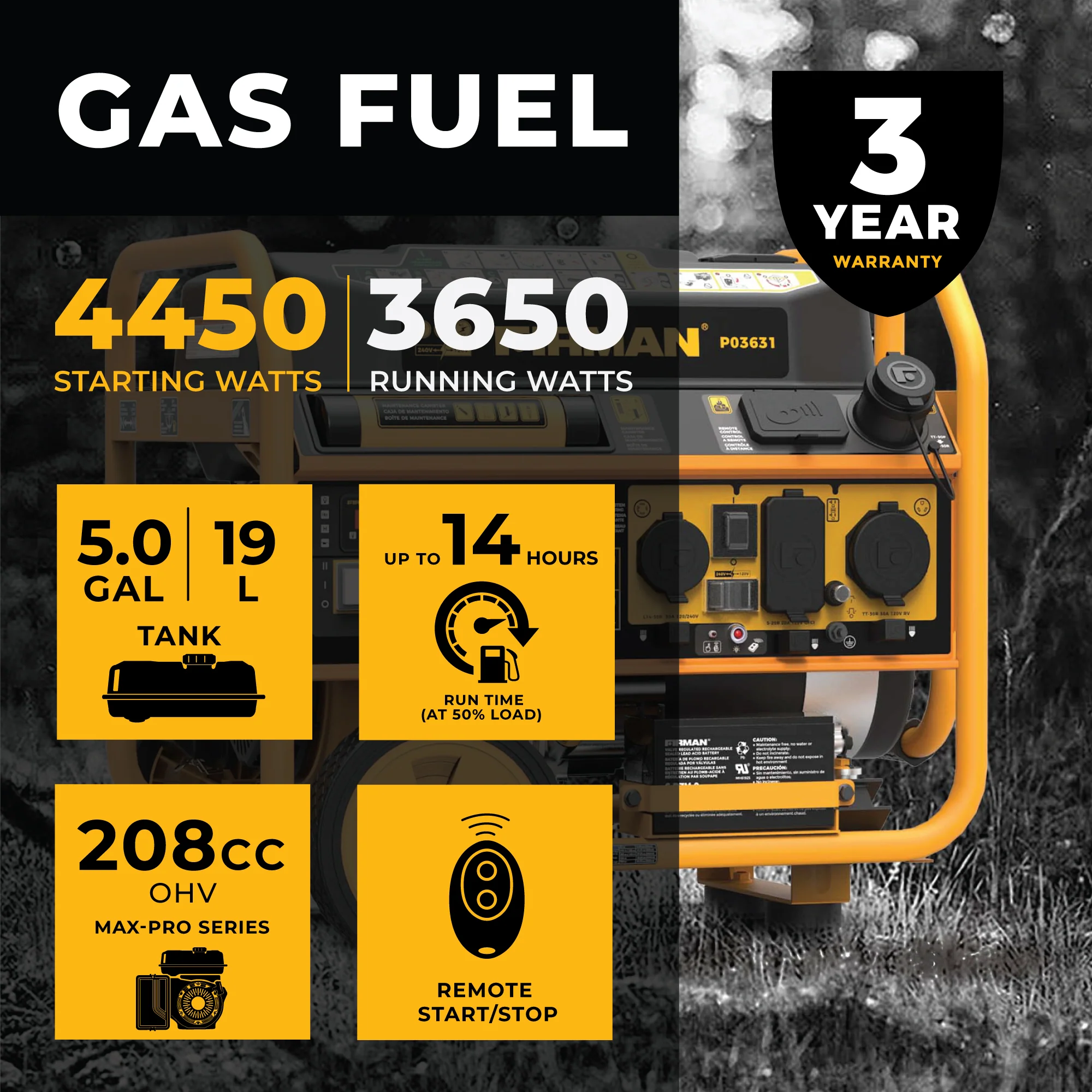 Gas Portable Generator 4550W Remote Start 120/240V with CO alert