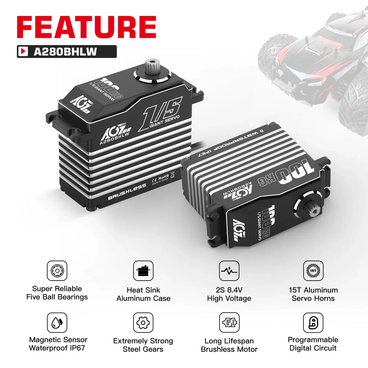 AGFRC A280BHMW  - 1/5 Scale Giant Servo 78KG High Torque Steel Gears Programmable Digital Brushless RC Racing Servo For Crawler