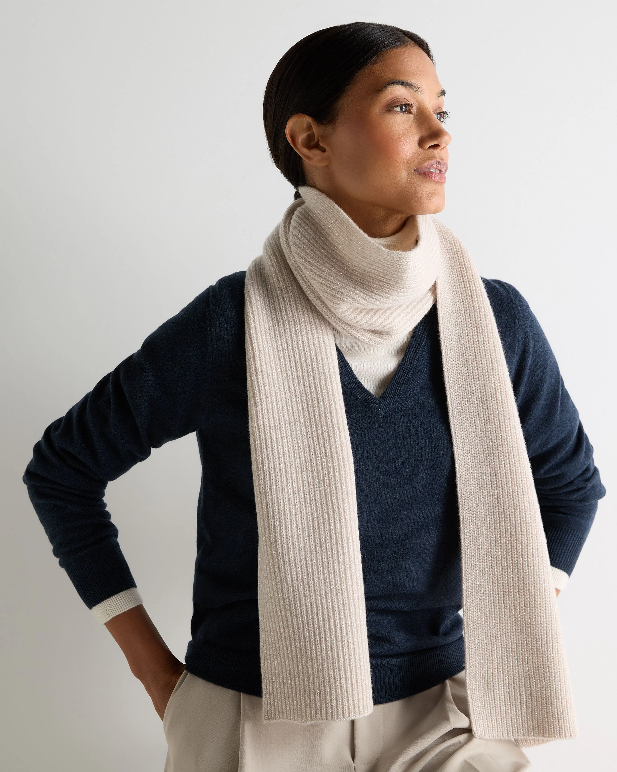 Women's Ribbed Cashmere Scarf With Lurex Ecru White Sparkle