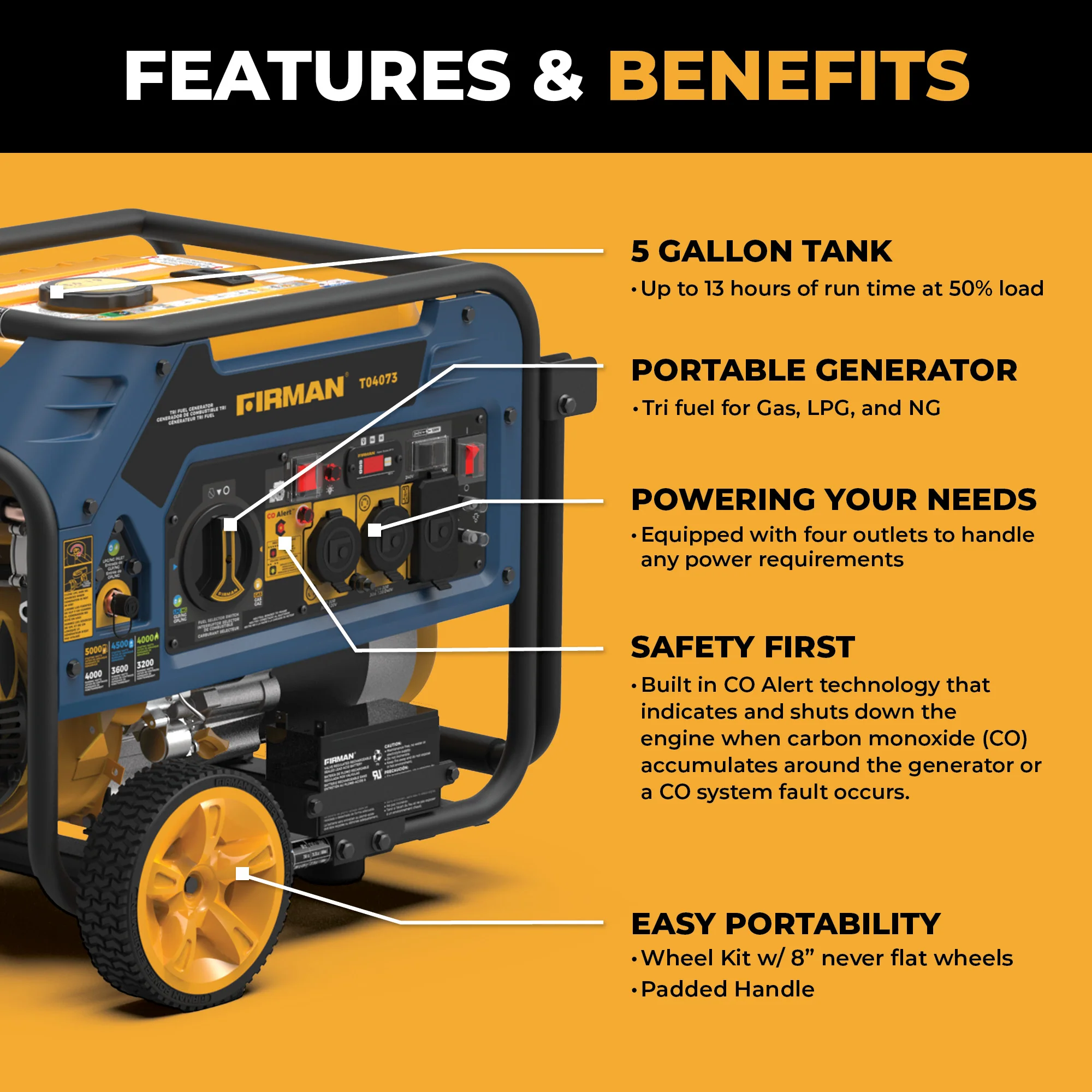 Tri Fuel Portable Generator 4000W Electric Start 120/240V with CO ALERT