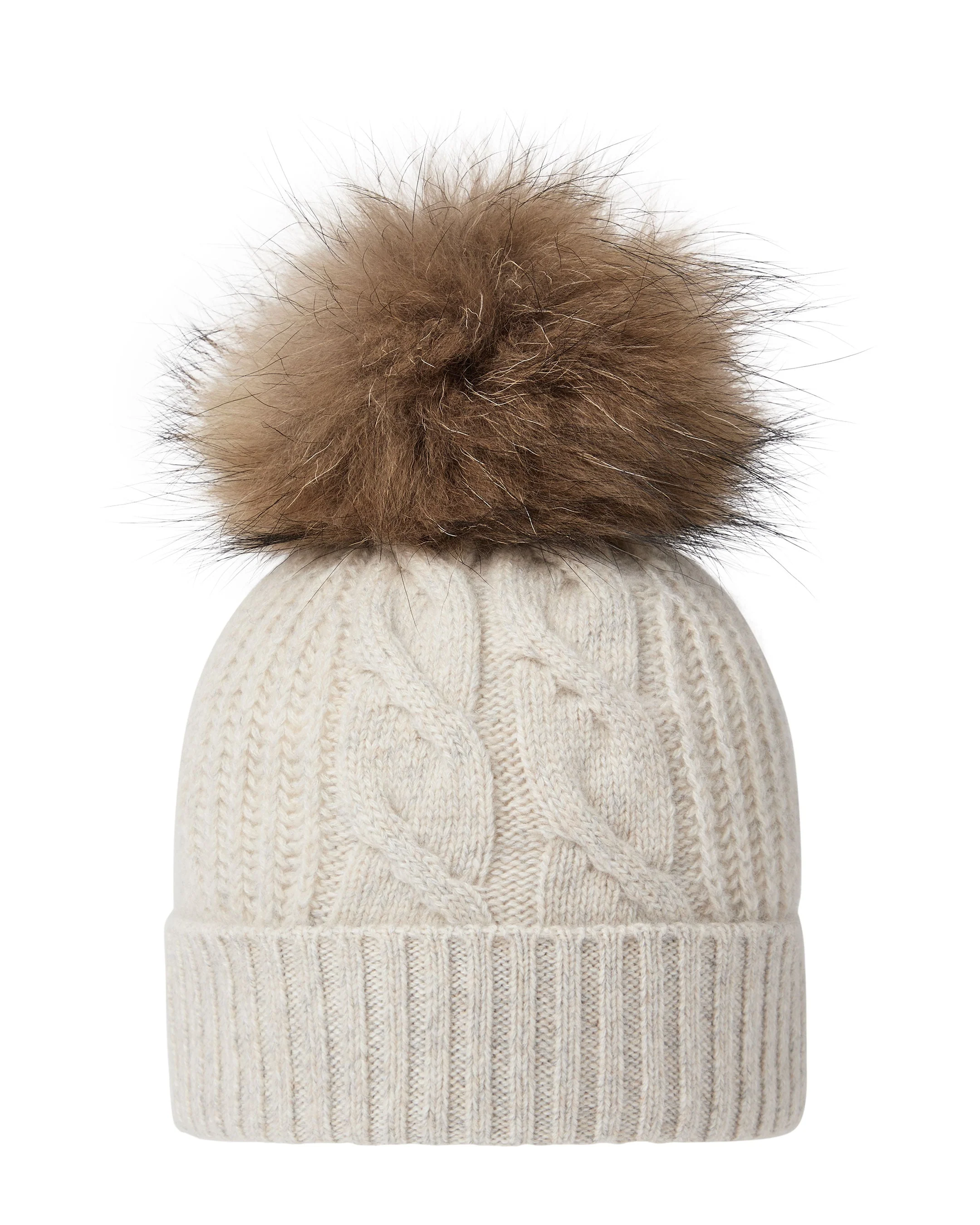 Women's Cable Cashmere Hat With Fur Pom Ash Grey Marl