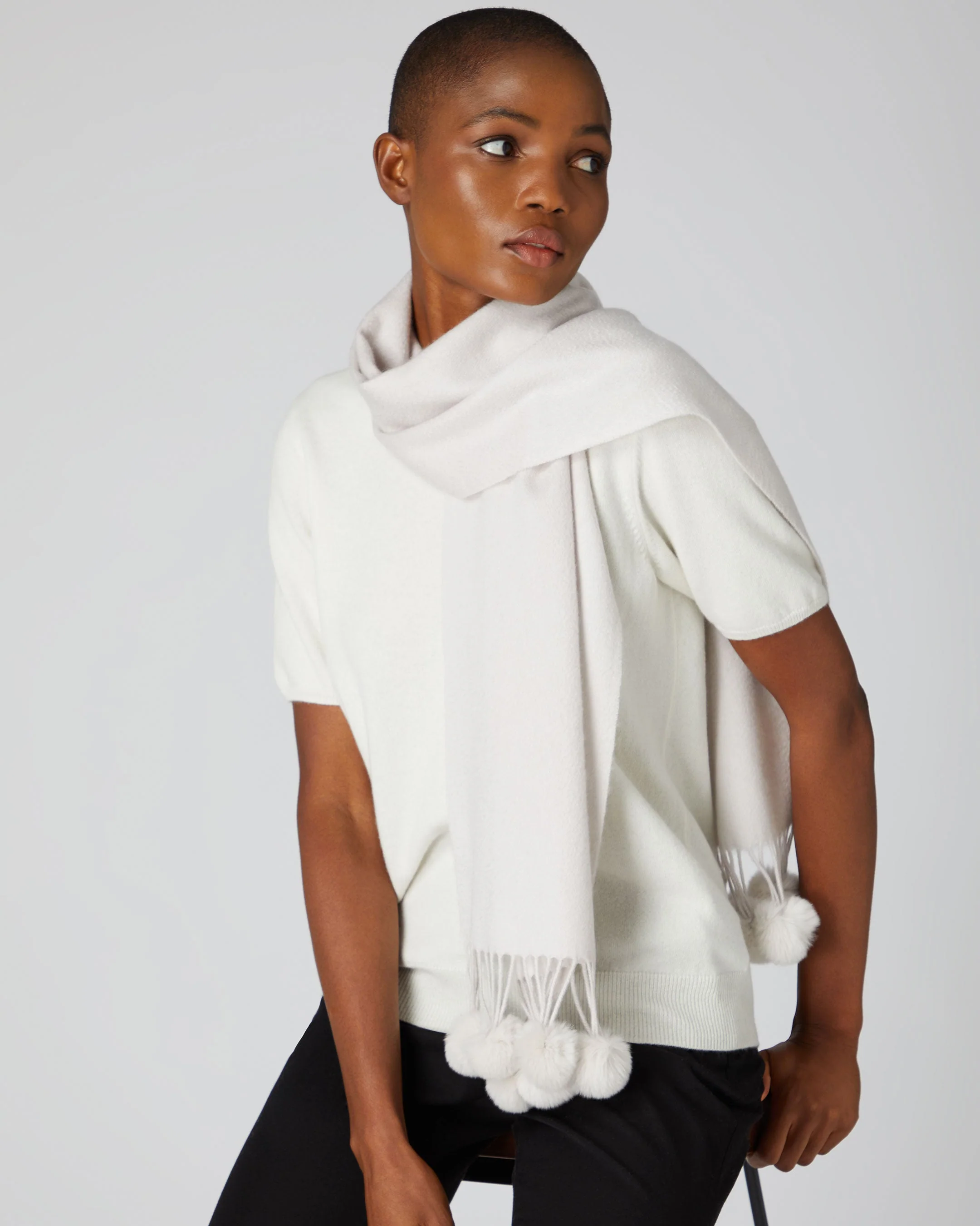 Women's Davos Fur Bobble Cashmere Scarf Snow Grey