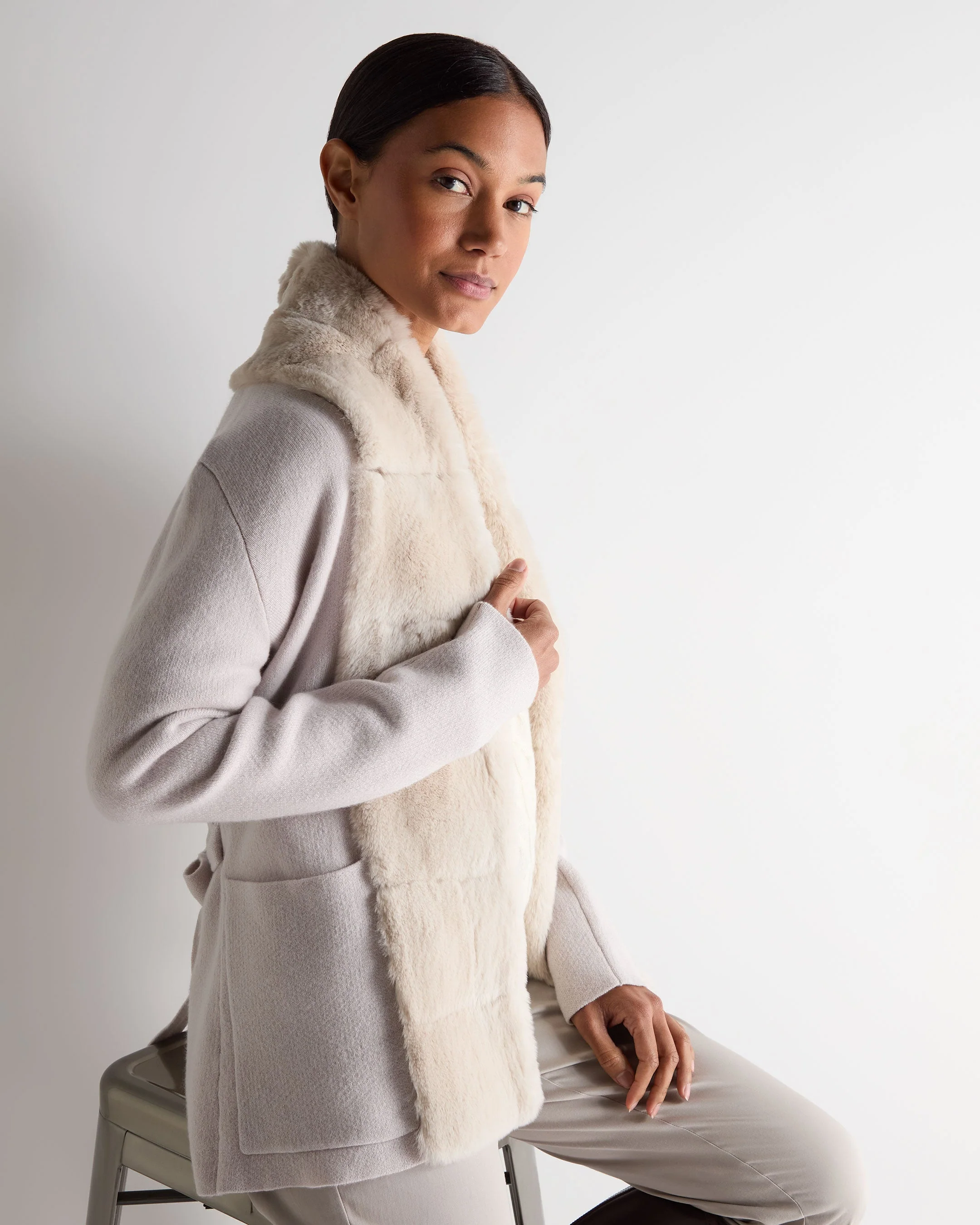 Women's Ruby Herringbone Fur Cardigan Snow Grey