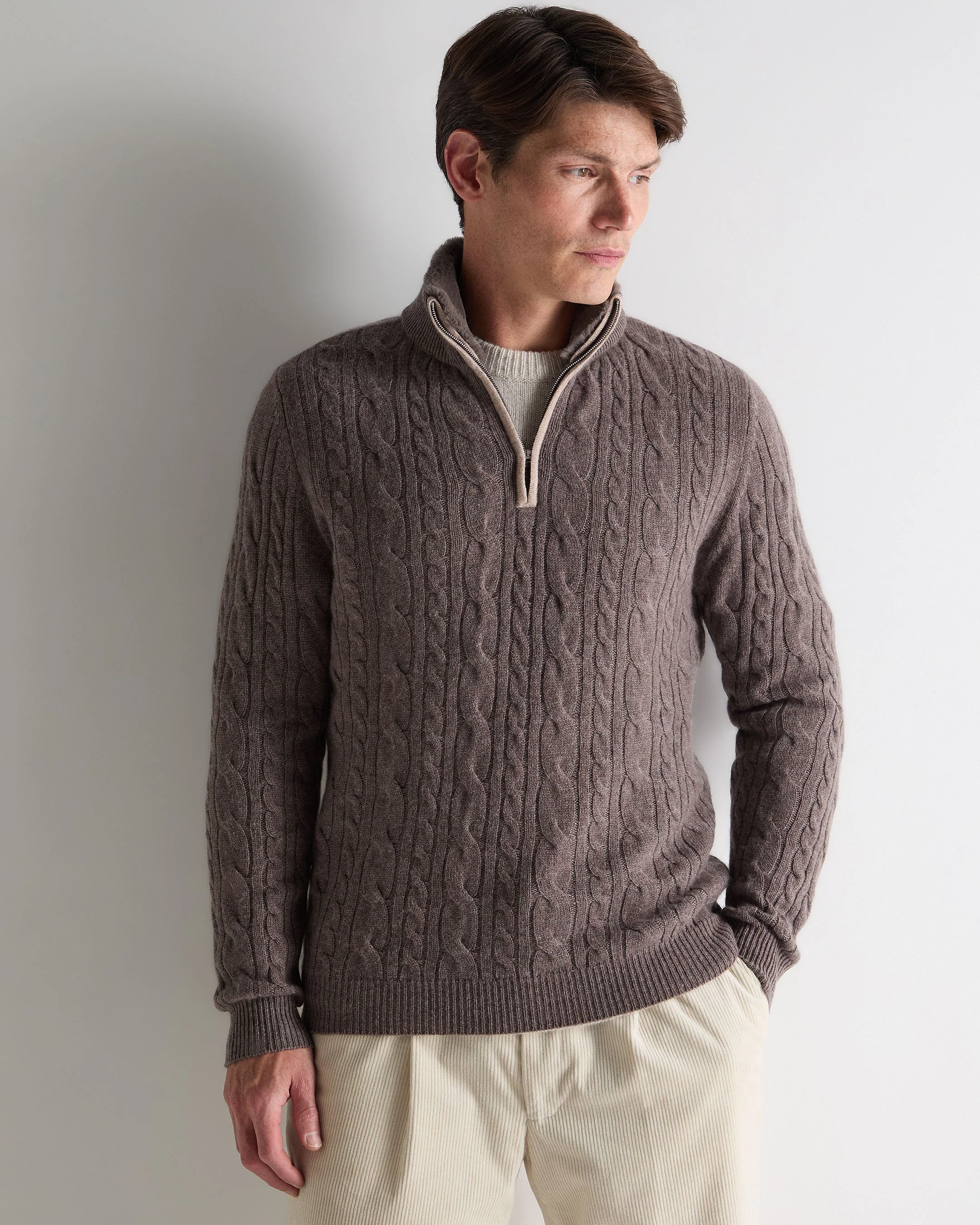 Men's Fur Trim Half Zip Cashmere Jumper Otter Brown