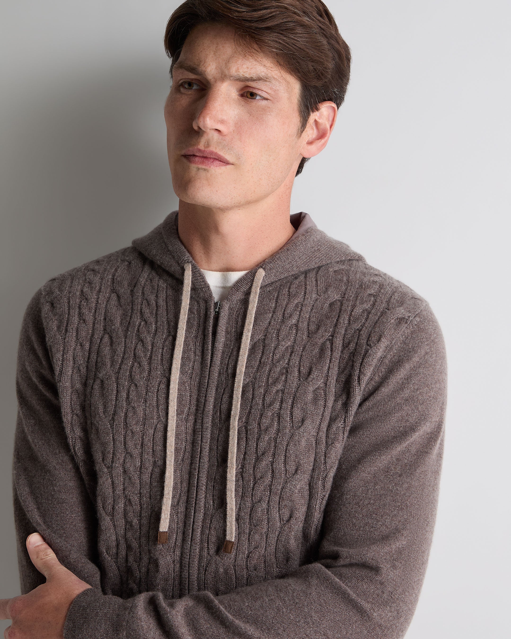 Men's Fulham Cable Zip Cashmere Hoodie Otter Brown