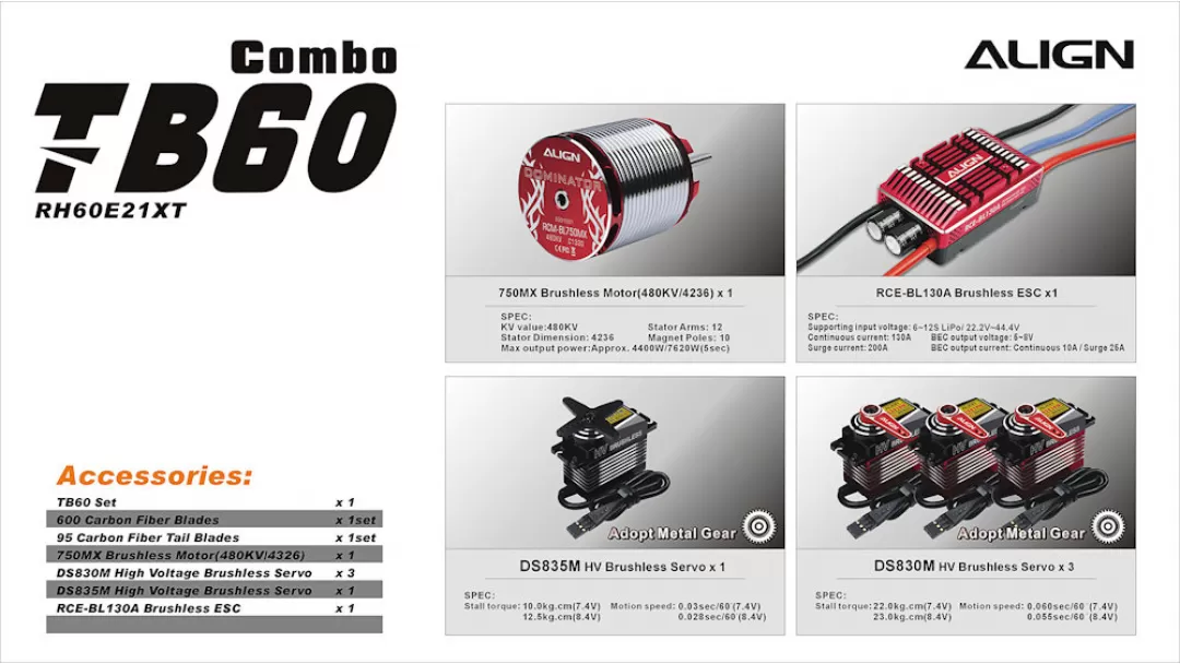 Align T-REX TB60 Electronic RC Helicopter - 12S Combo RH60E21XW / 6S Combo RH60E26XW / Kit RH60E31XW