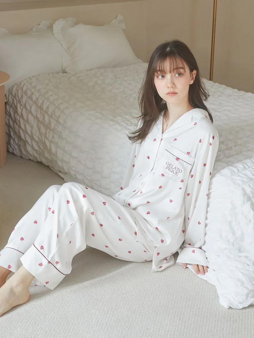 Heart Pattern Satin Pajama Shirt