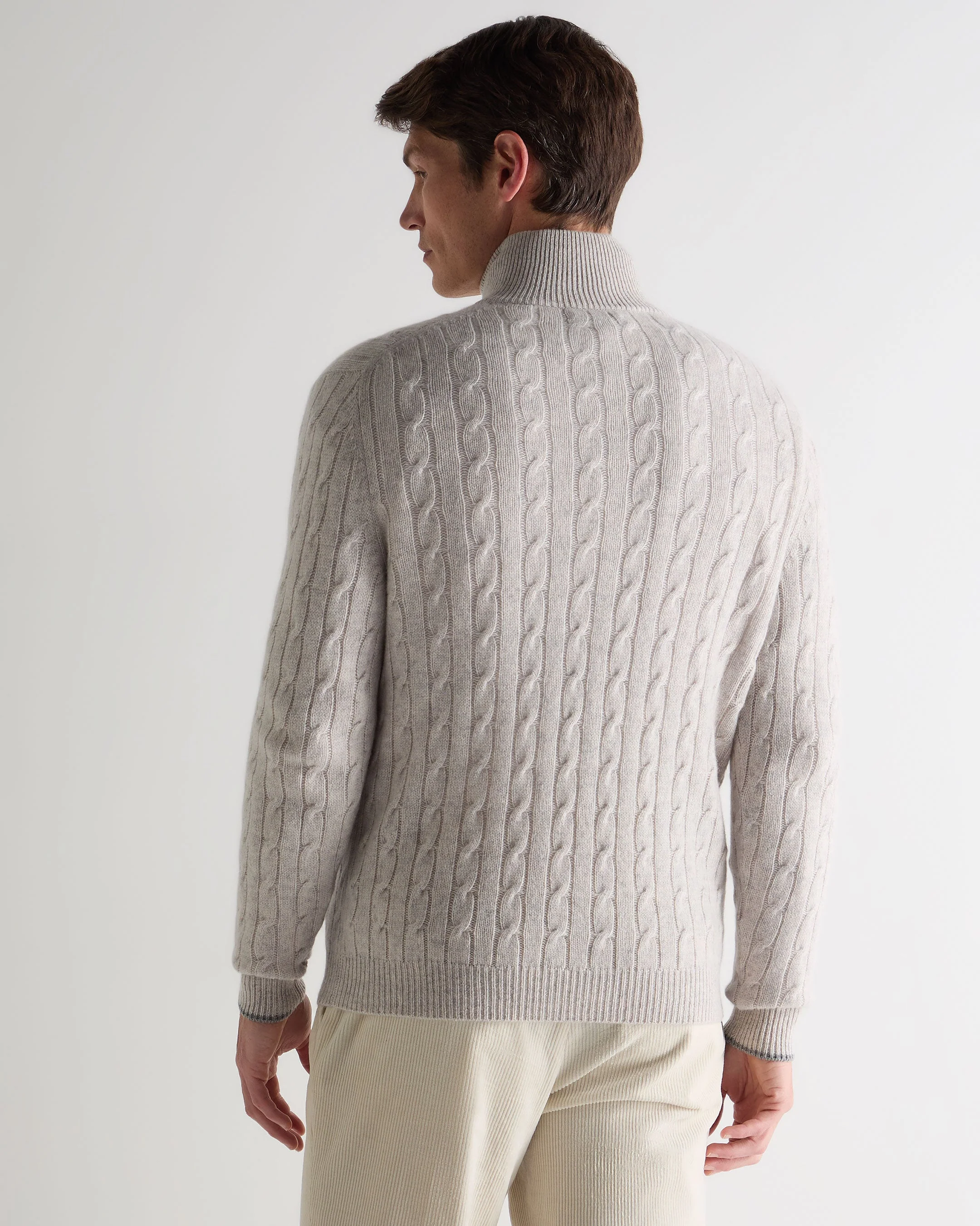 Men's Albemarle Cable Half Zip Cashmere Jumper Nougat Brown Marl