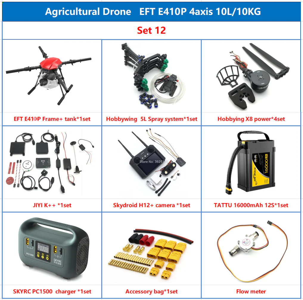 EFT E410P 10L Agriculture Drone - 4 Axis Agriculture Drone frame  10L Water Tank 30inch Propeller Compact With Hobbywing X8, JIYI K3A Pro,Skydroid H12