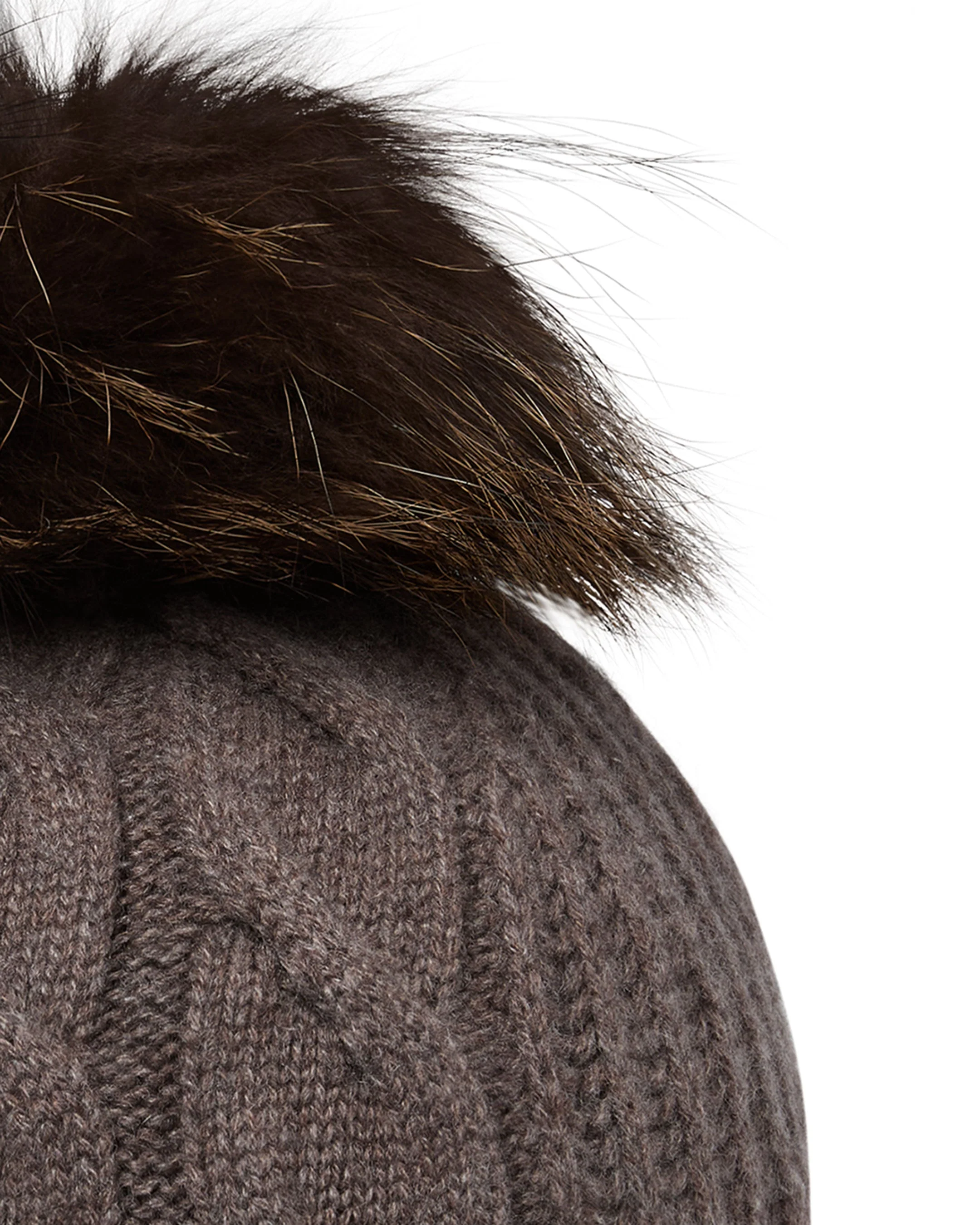 Women's Cable Cashmere Hat With Fur Pom Otter Brown