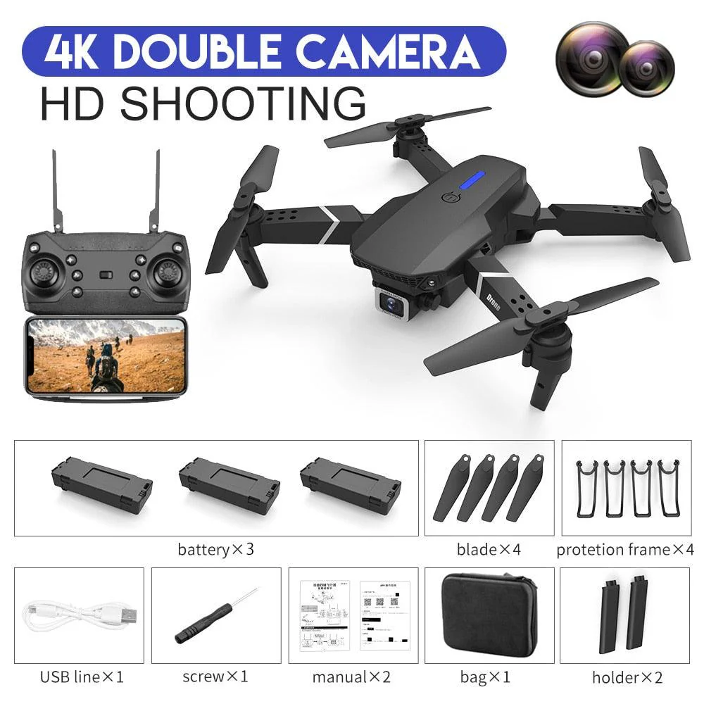 E88 Pro Drone - 2023 New Drone 4K Wide Angle HD Camera Foldable RC Helicopter WIFI FPV Height Hold Gift Toy