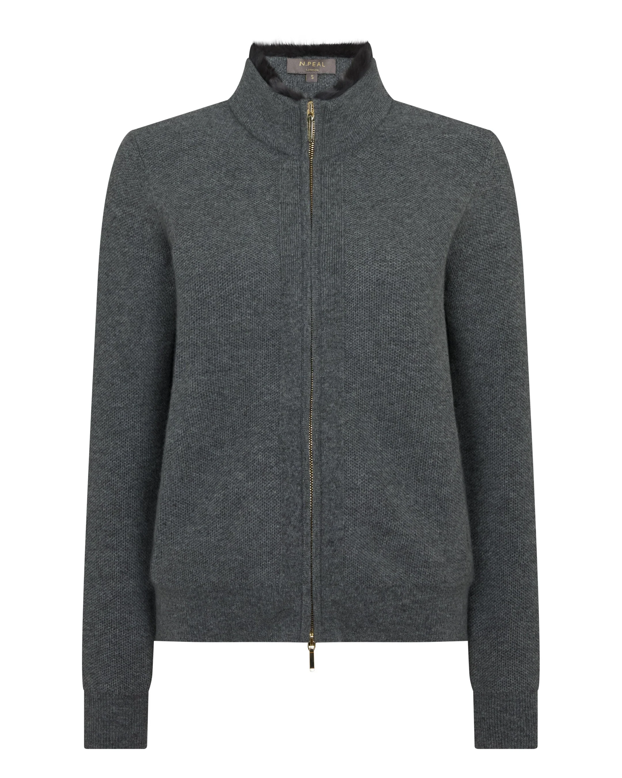 Women's Honeycomb Full Zip Cashmere Jumper With Fur Trim Elephant Grey