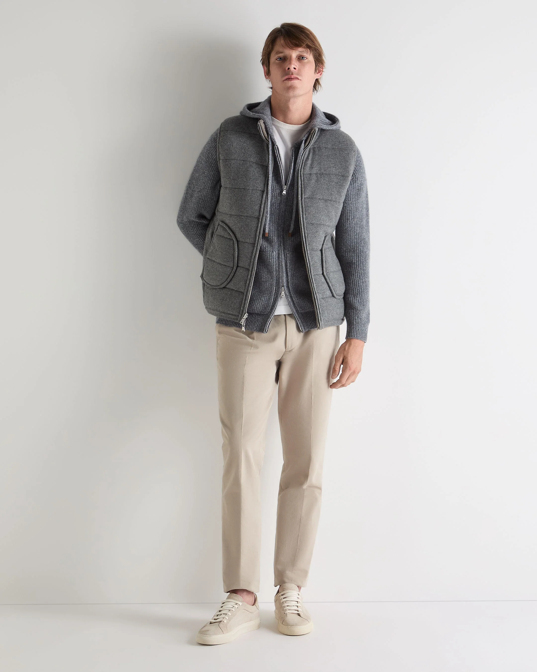 Men's Ribbed Zip Through Cashmere Hoodie Grey Melange